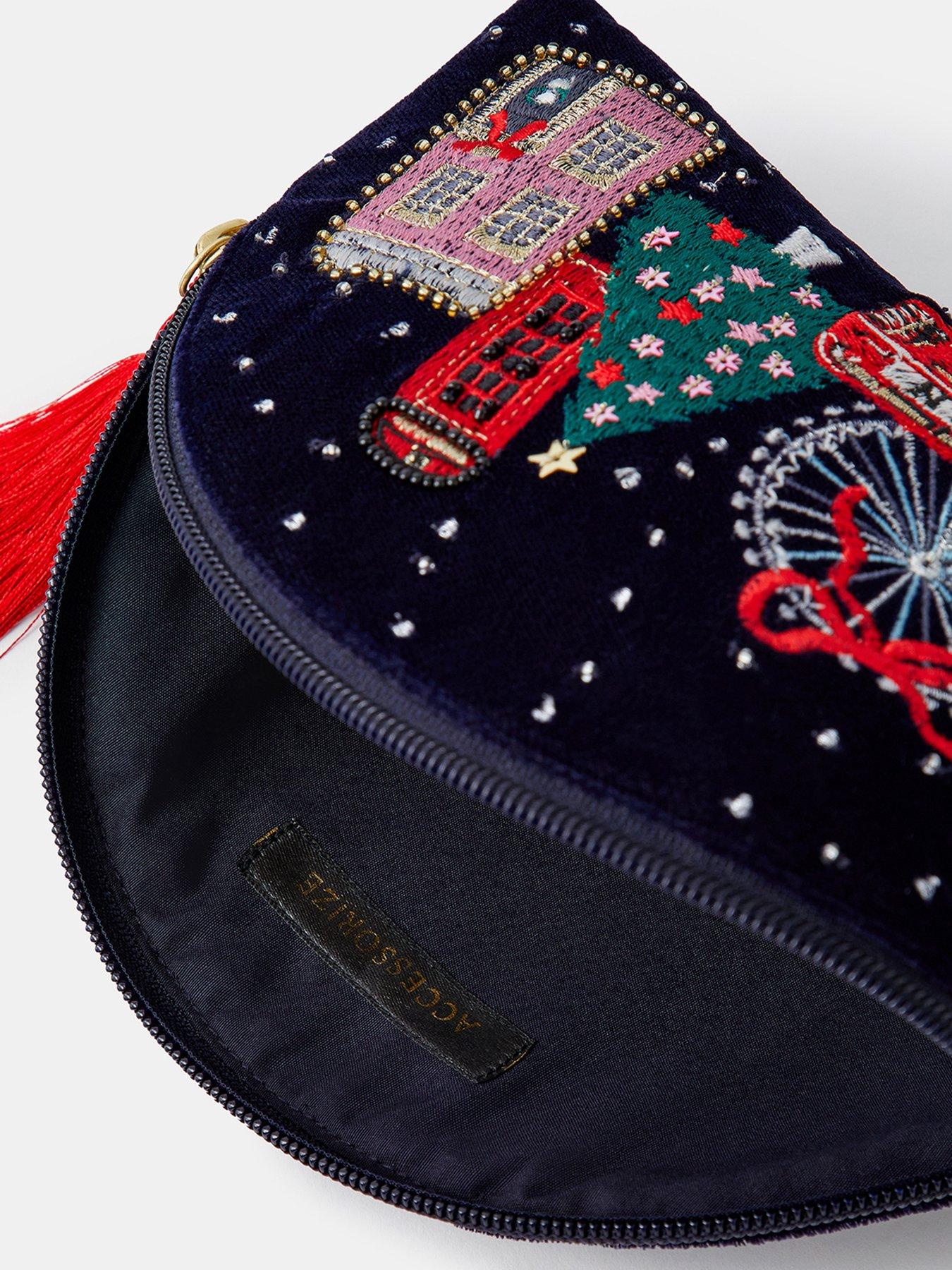 Image 4 of 4 of Accessorize Womens London Skyline Embroidered Velvet Zip Pouch - Blue
