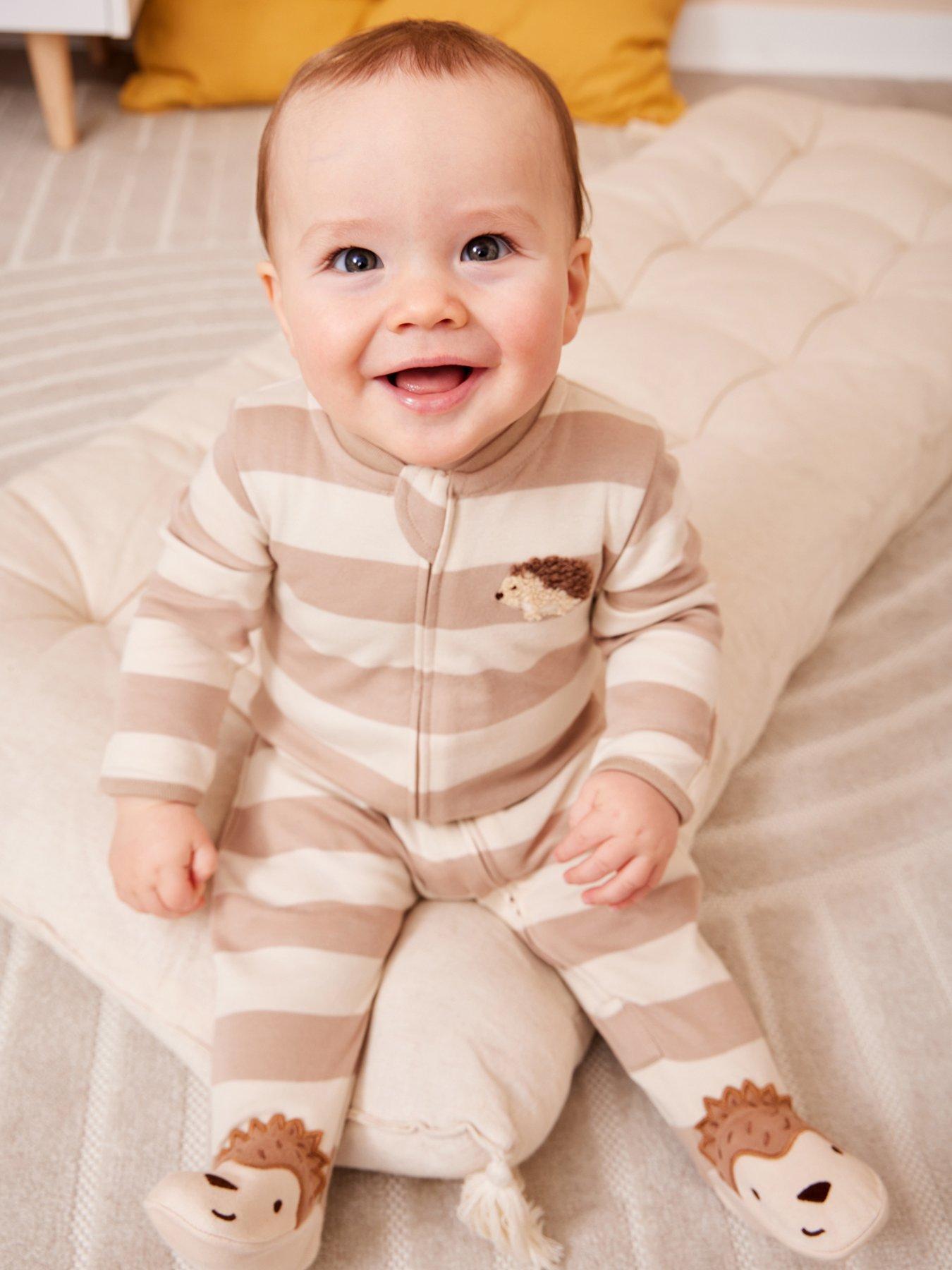 JoJo Maman Bebe Baby Boys Stripe Hedgehog Sleepsuit - Brown