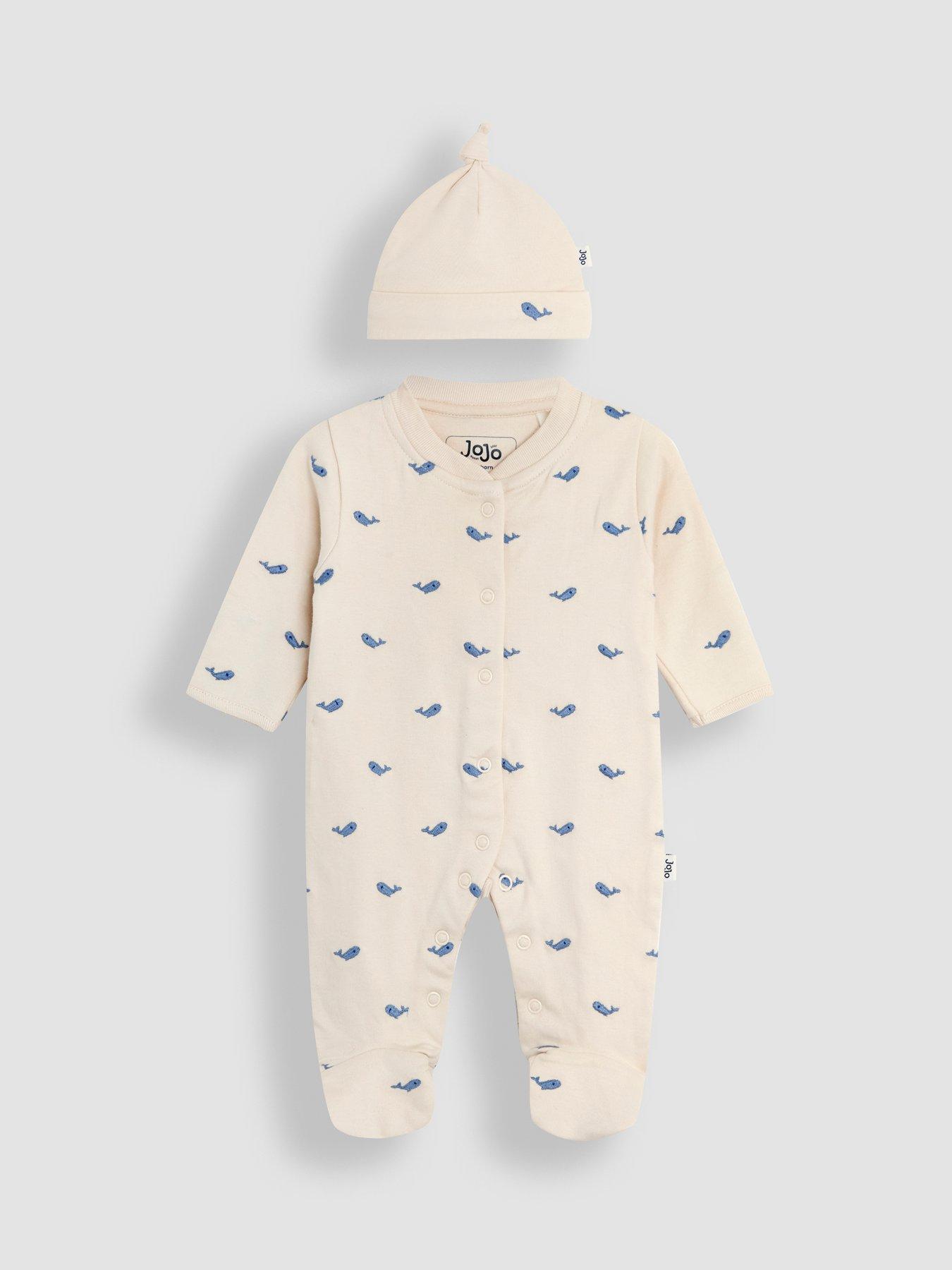 JoJo Maman Bebe Baby Boys 2 Piece Embroidered Whale Sleepsuit  &  Hat Set - Beige