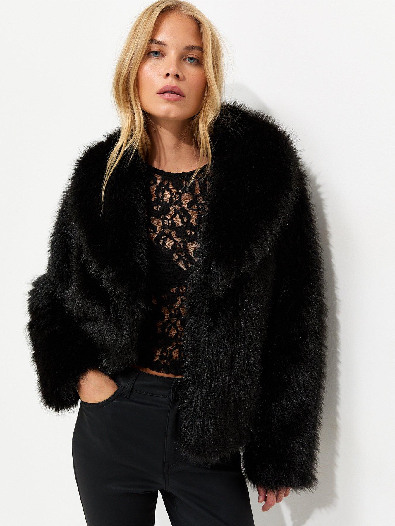 Image 1 of 6 of New Look Womens Shawl Collar Faux Fur Jacket - Black