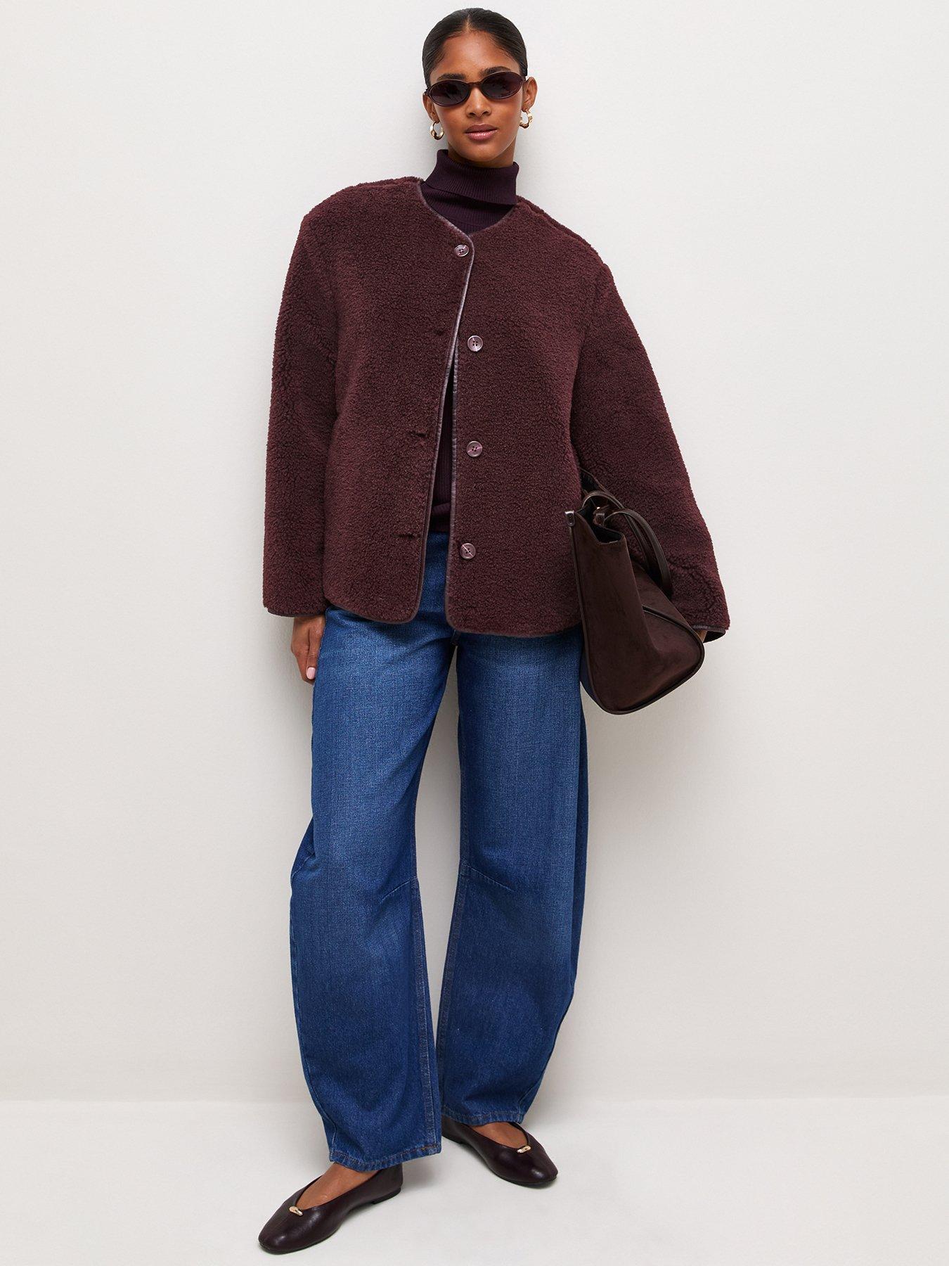 Image 3 of 6 of New Look Womens Borg Button-Through Collarless Jacket - Burgundy
