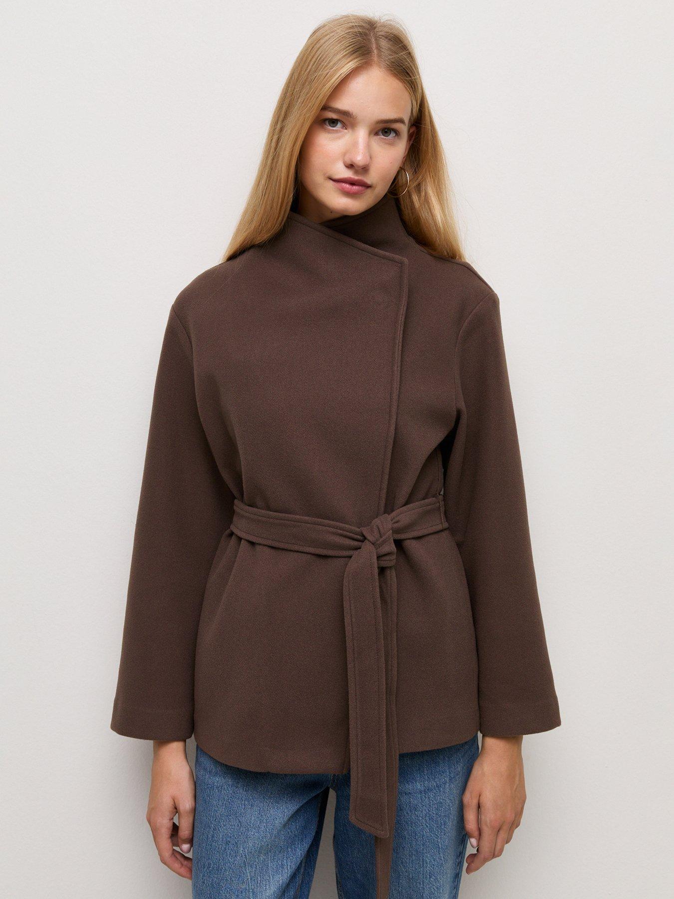Image 1 of 5 of New Look Womens High Neck Belted Jacket - Brown