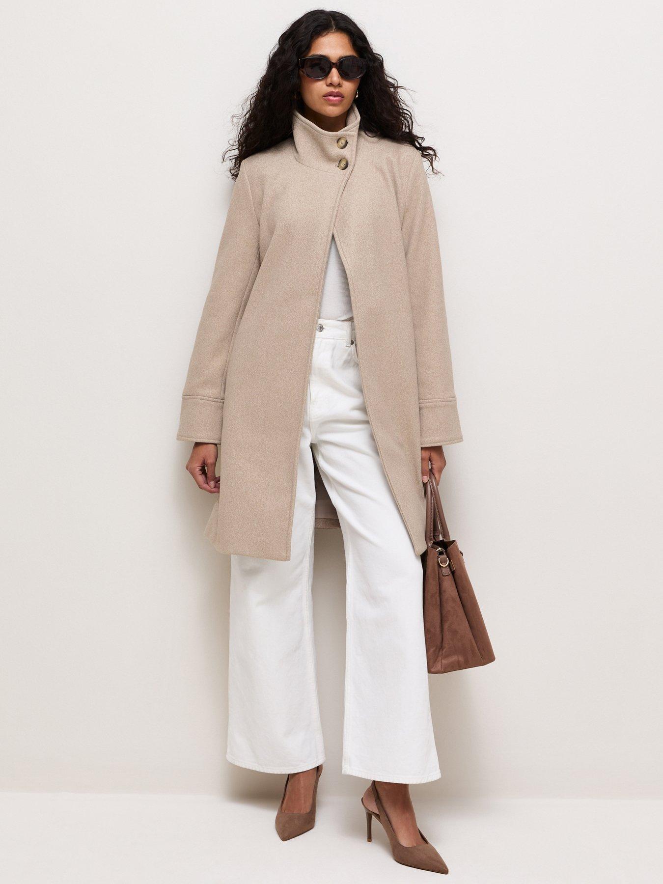Image 1 of 6 of New Look Woven Funnel Neck Button Coat - Beige
