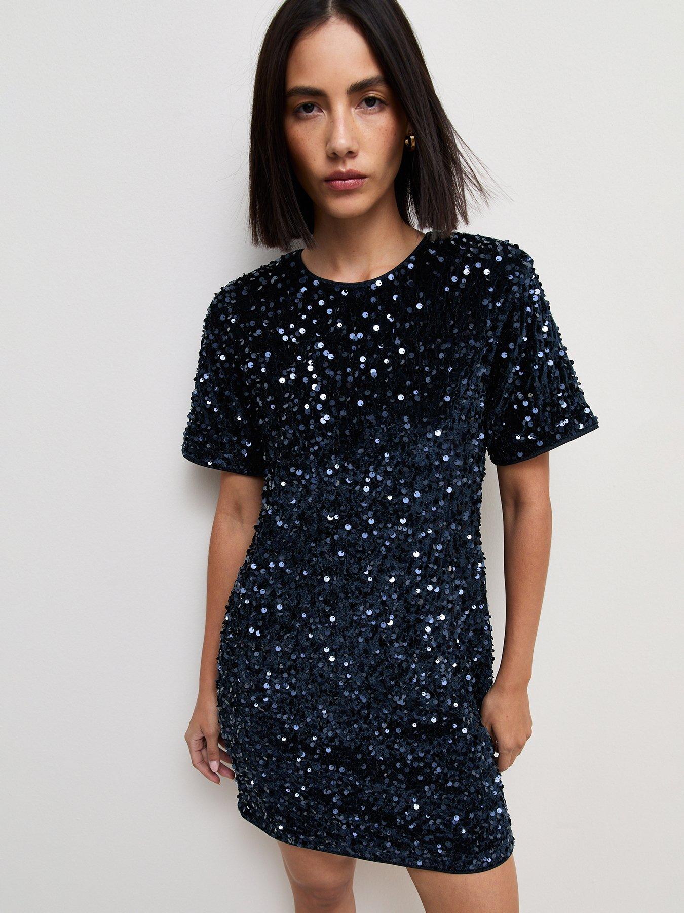 Image 1 of 5 of New Look Womens Sequin Lined Mini Dress - Navy