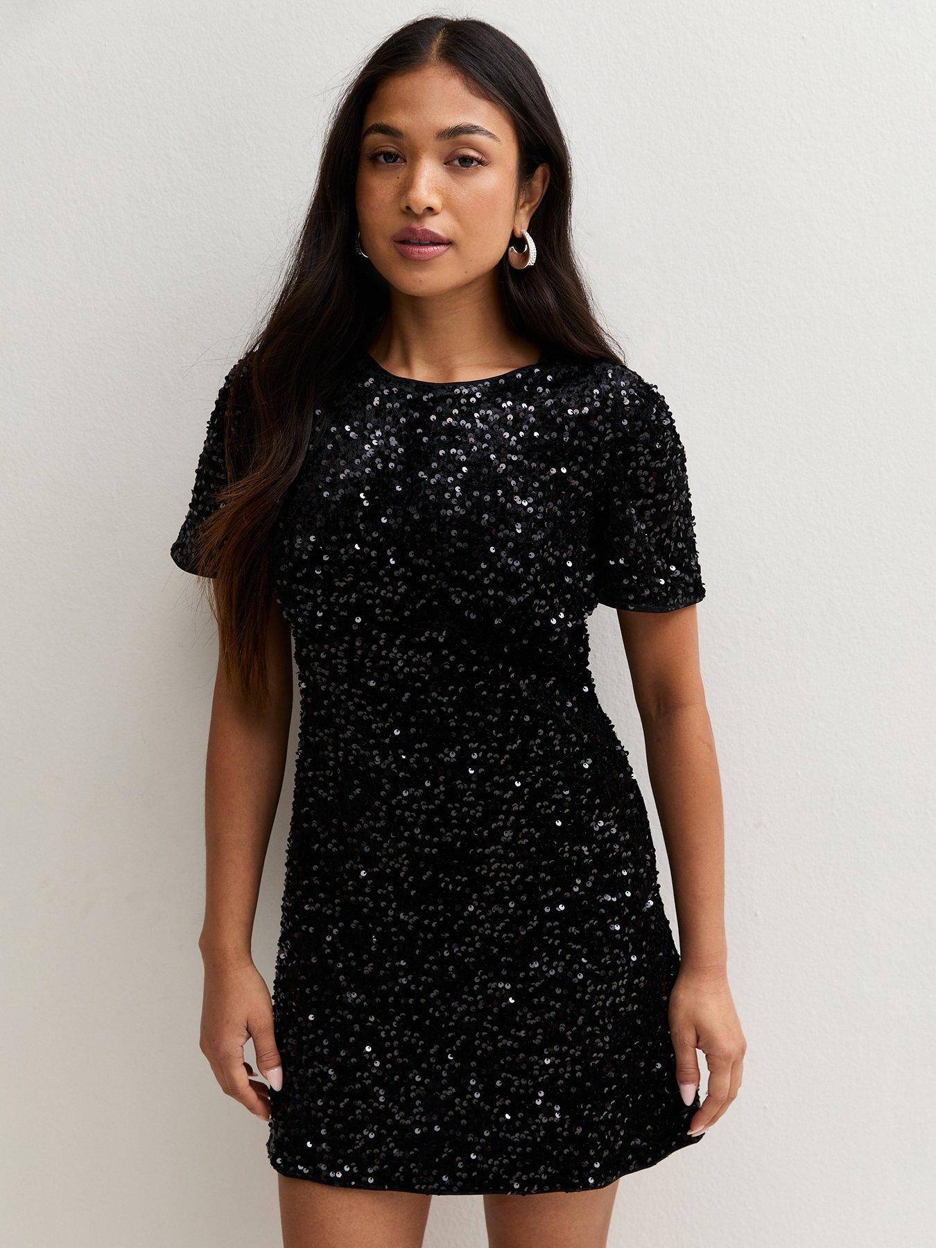 Image 1 of 5 of New Look Womens Petite Sequin Short Sleeve Shift Dress - Black