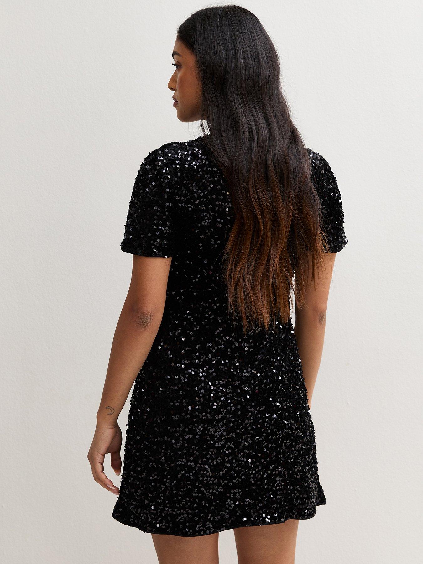 Image 2 of 5 of New Look Womens Petite Sequin Short Sleeve Shift Dress - Black