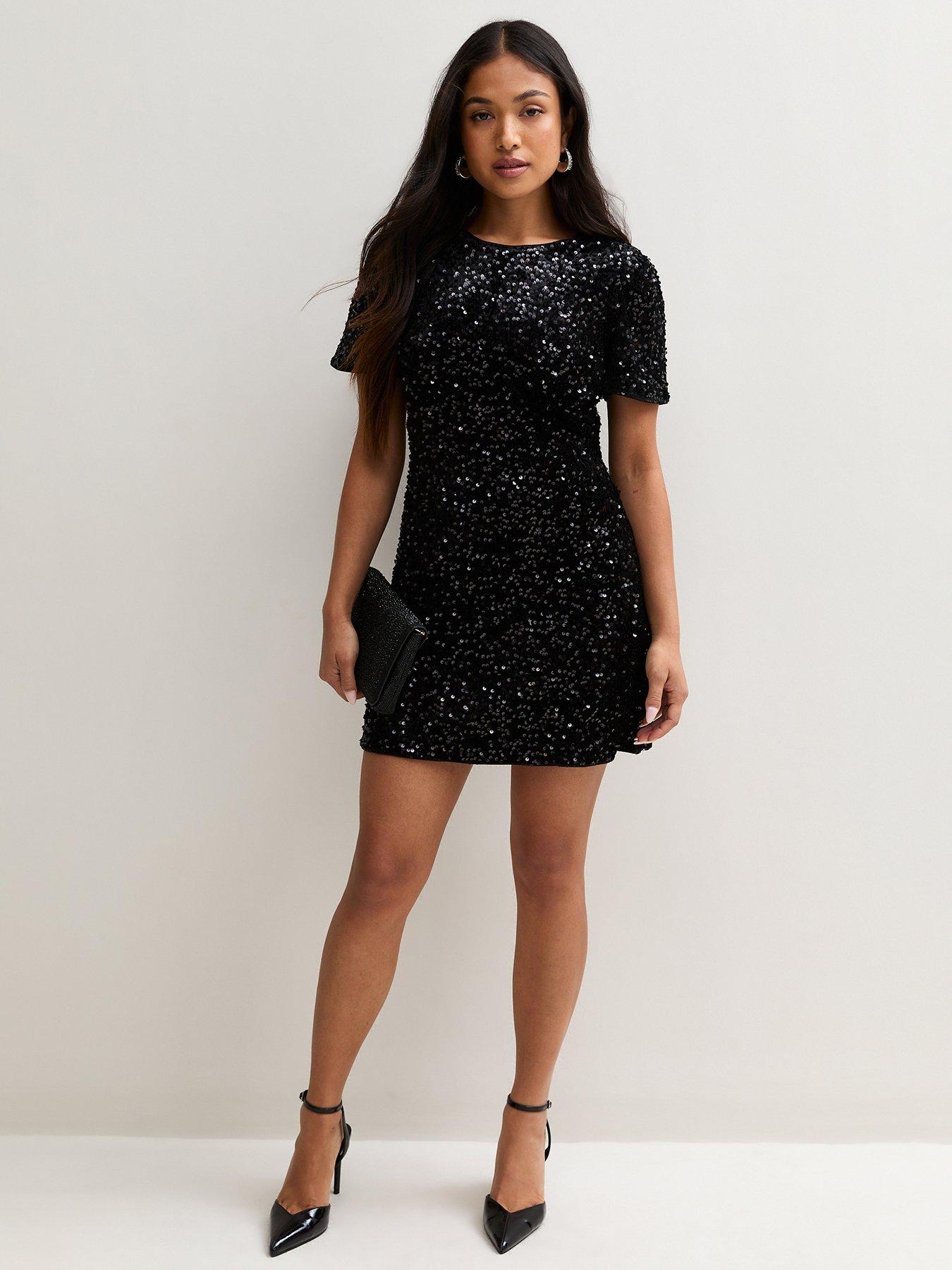 Image 3 of 5 of New Look Womens Petite Sequin Short Sleeve Shift Dress - Black