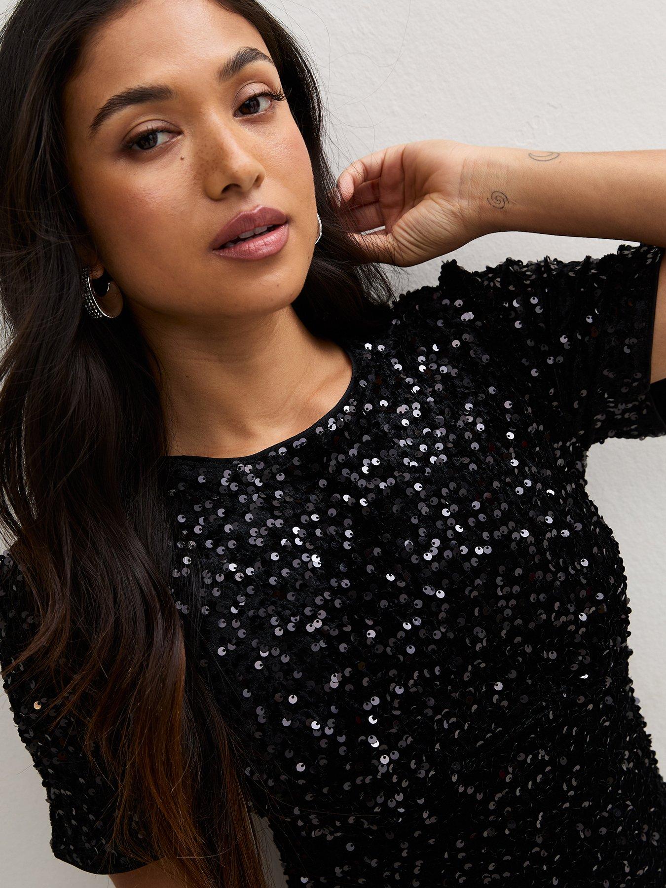 Image 4 of 5 of New Look Womens Petite Sequin Short Sleeve Shift Dress - Black