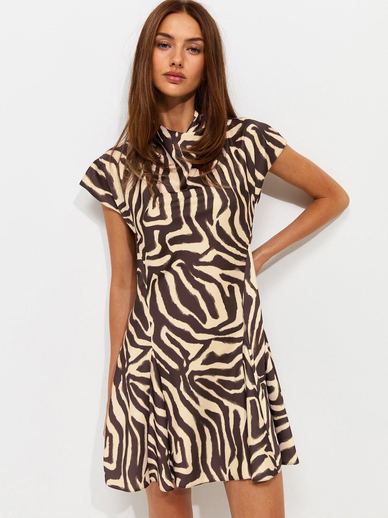 New Look Satin Zebra Print High Neck Godet Skirt Mini Dress - Brown