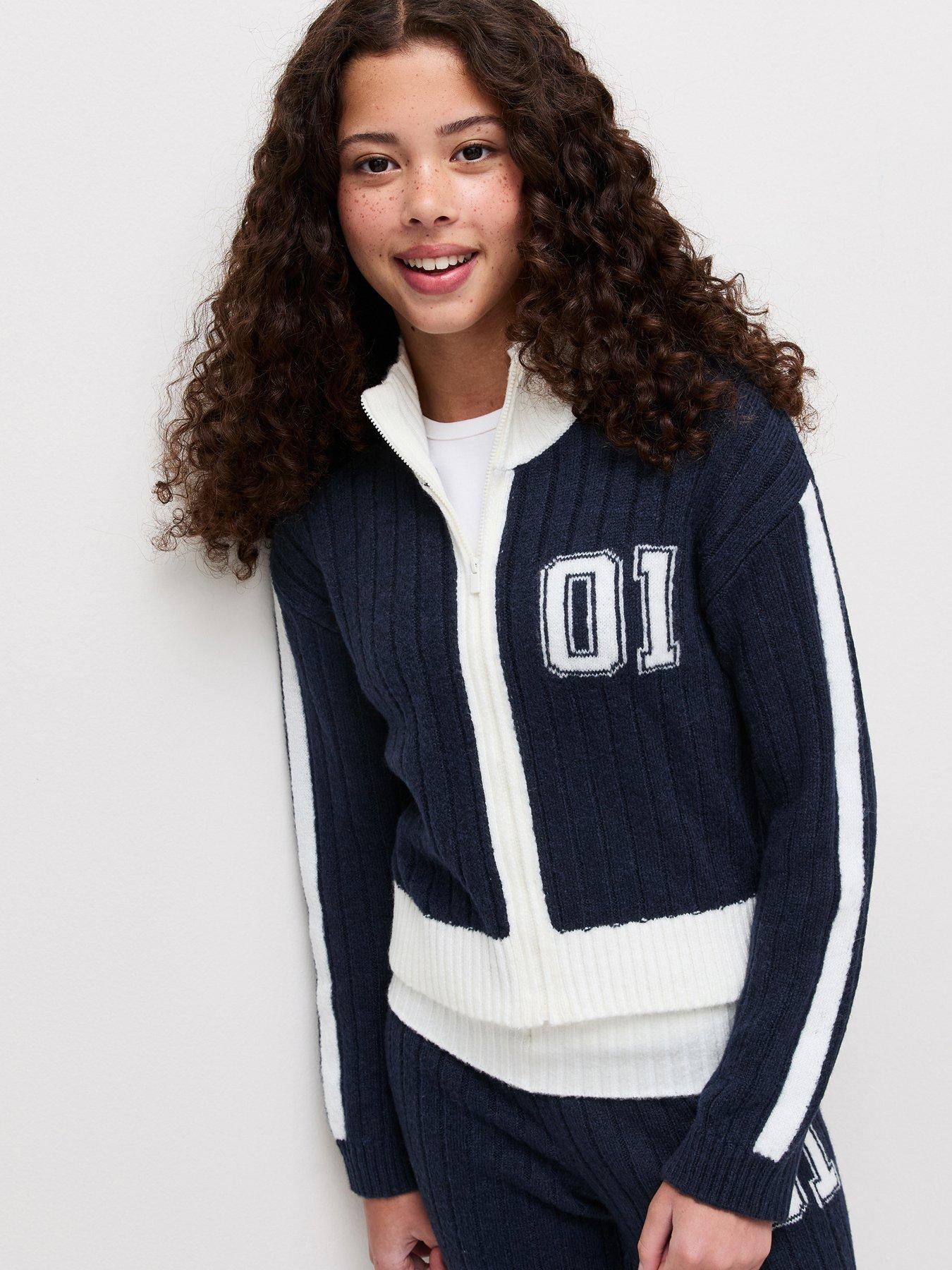 Image 1 of 6 of New Look 915 Girls Ribbed Contrast Zip-Through Funnel Neck Cardigan - Navy