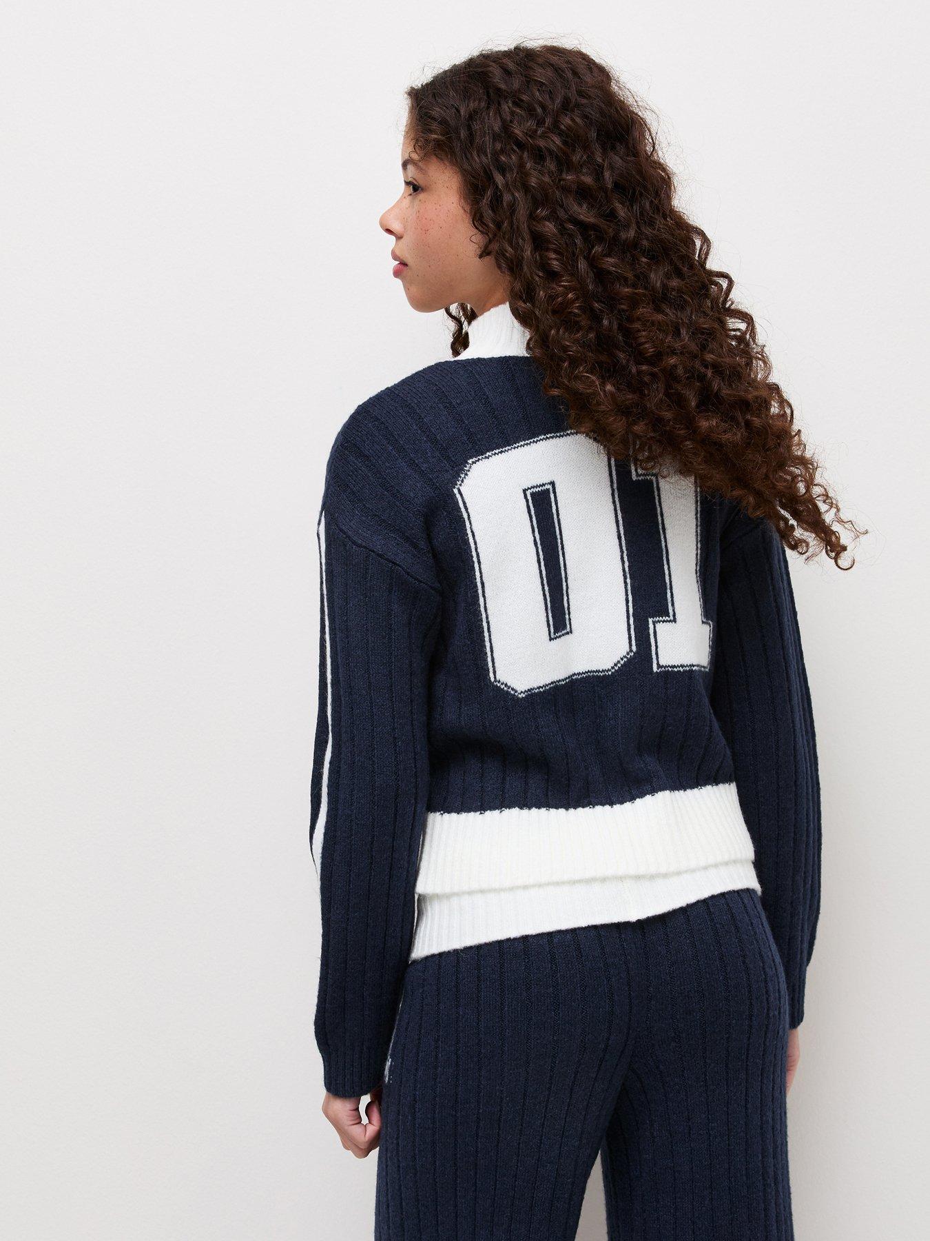 Image 2 of 6 of New Look 915 Girls Ribbed Contrast Zip-Through Funnel Neck Cardigan - Navy