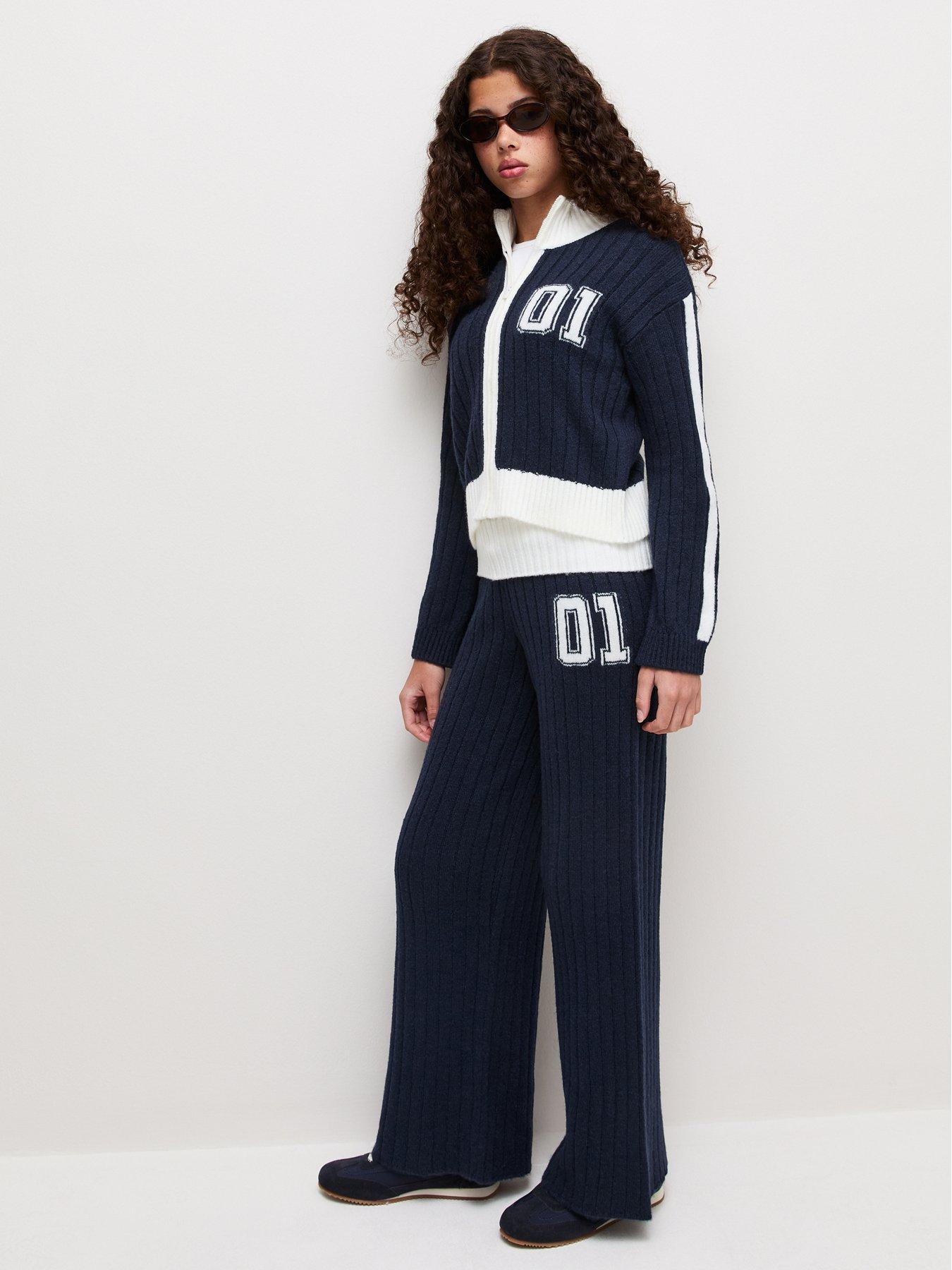 Image 3 of 6 of New Look 915 Girls Ribbed Contrast Zip-Through Funnel Neck Cardigan - Navy