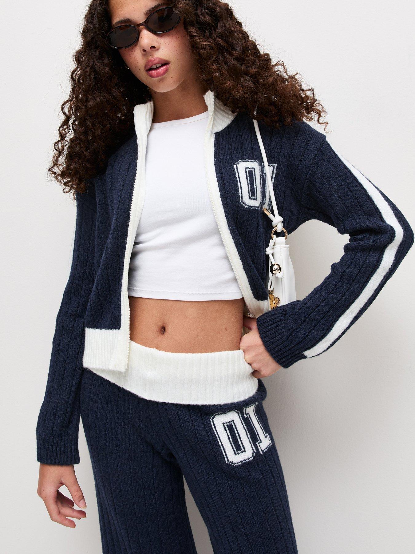 Image 4 of 6 of New Look 915 Girls Ribbed Contrast Zip-Through Funnel Neck Cardigan - Navy