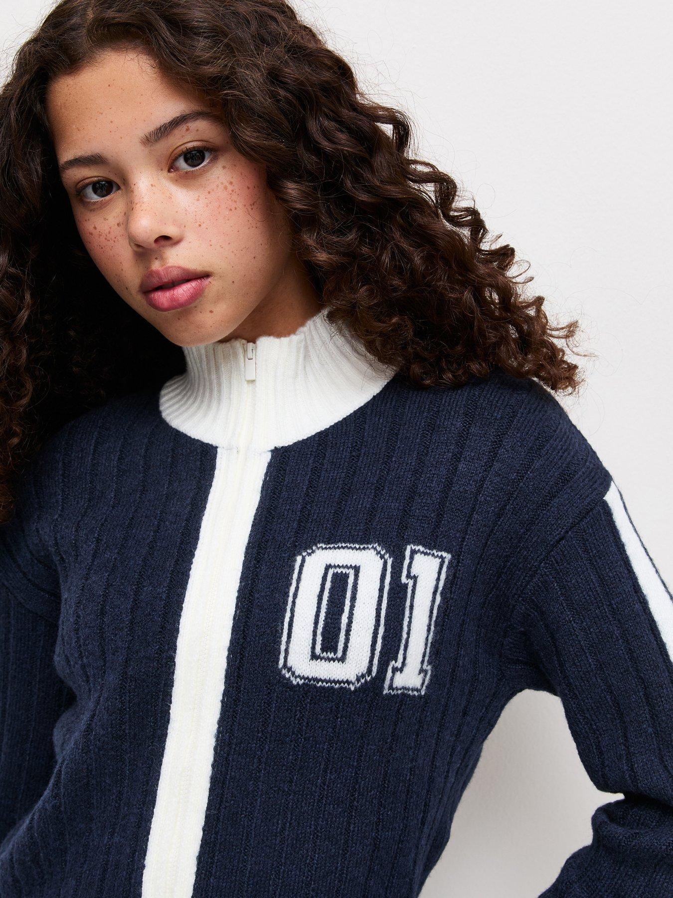 Image 5 of 6 of New Look 915 Girls Ribbed Contrast Zip-Through Funnel Neck Cardigan - Navy