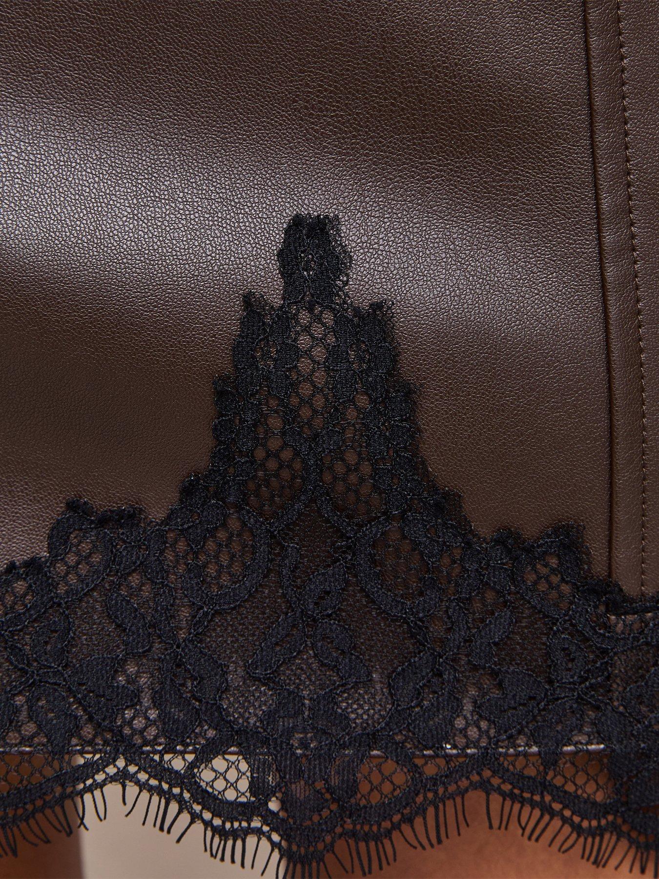 Image 5 of 5 of New Look Womens Faux Leather Lace Hem Mini Skirt - Brown