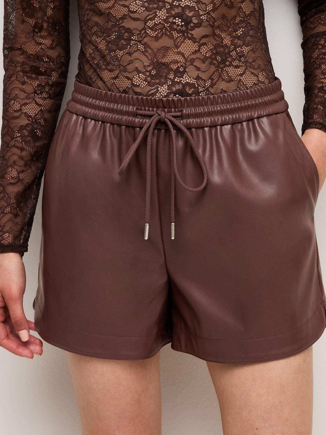 New Look Faux Leather Drawstring Tie Shorts - Brown