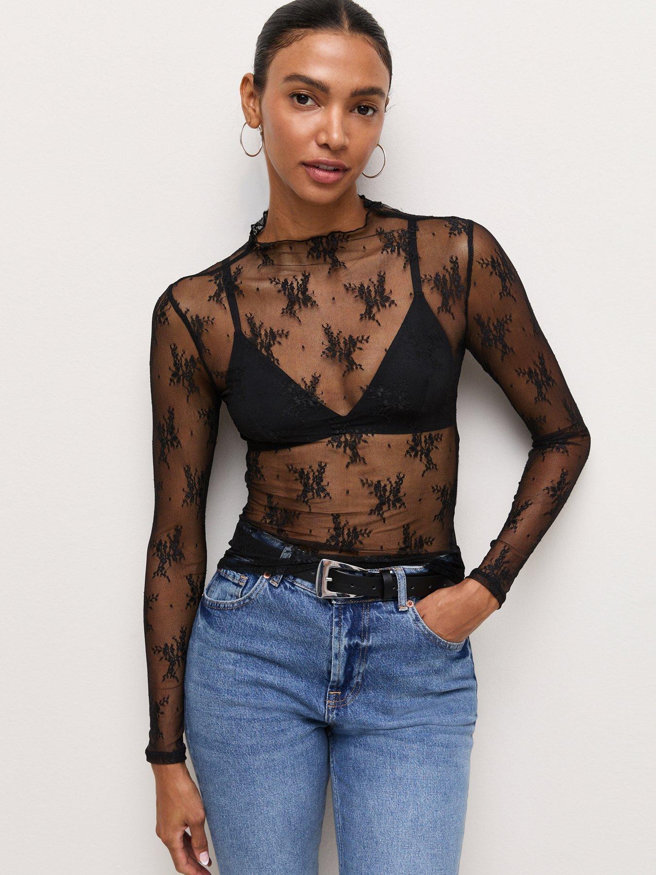 Image 1 of 6 of New Look Sheer Floral Lace Long Sleeve Top - Black