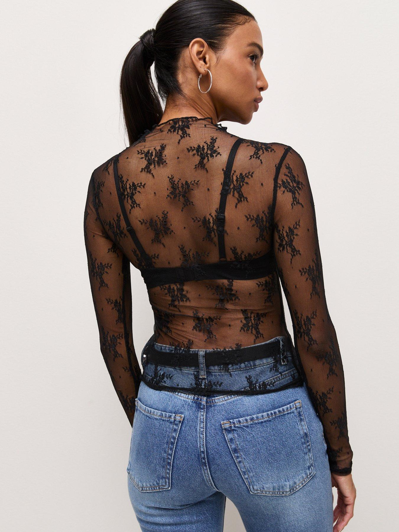Image 2 of 6 of New Look Sheer Floral Lace Long Sleeve Top - Black