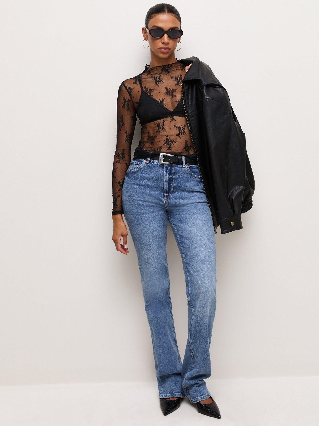 Image 3 of 6 of New Look Sheer Floral Lace Long Sleeve Top - Black