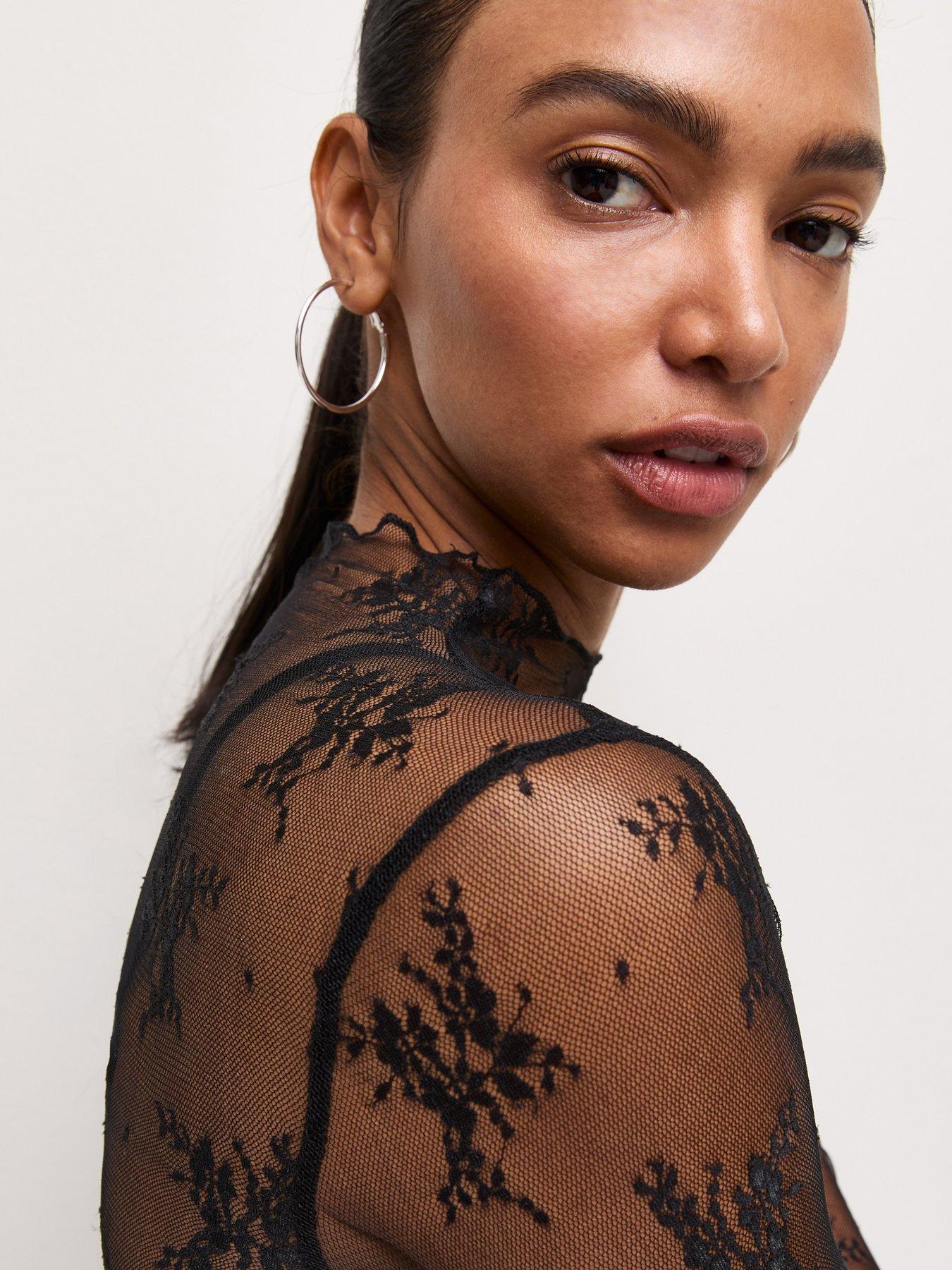 Image 5 of 6 of New Look Sheer Floral Lace Long Sleeve Top - Black