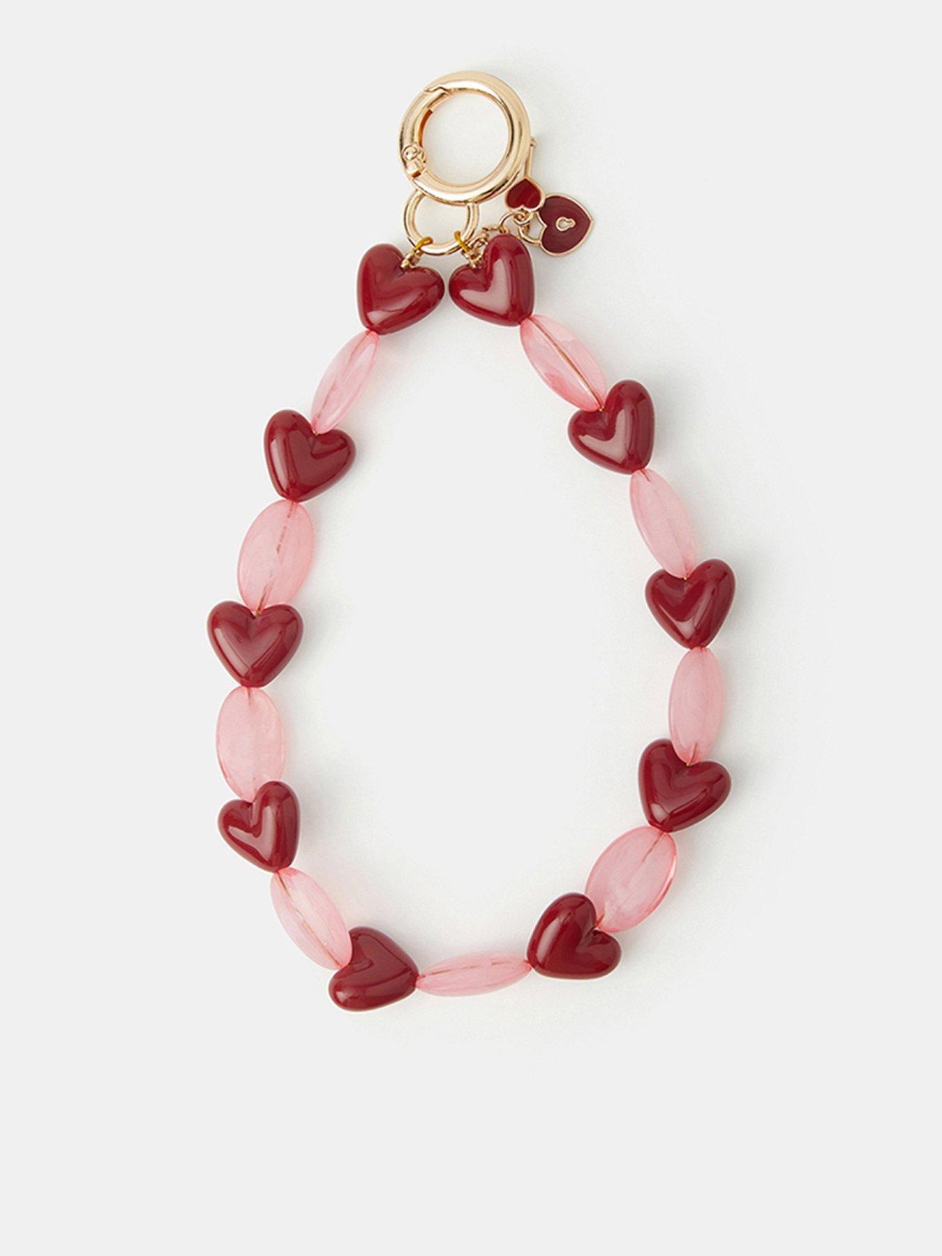 Image 1 of 2 of Accessorize Heart Bead Wrist Strap Bag Charm - Red