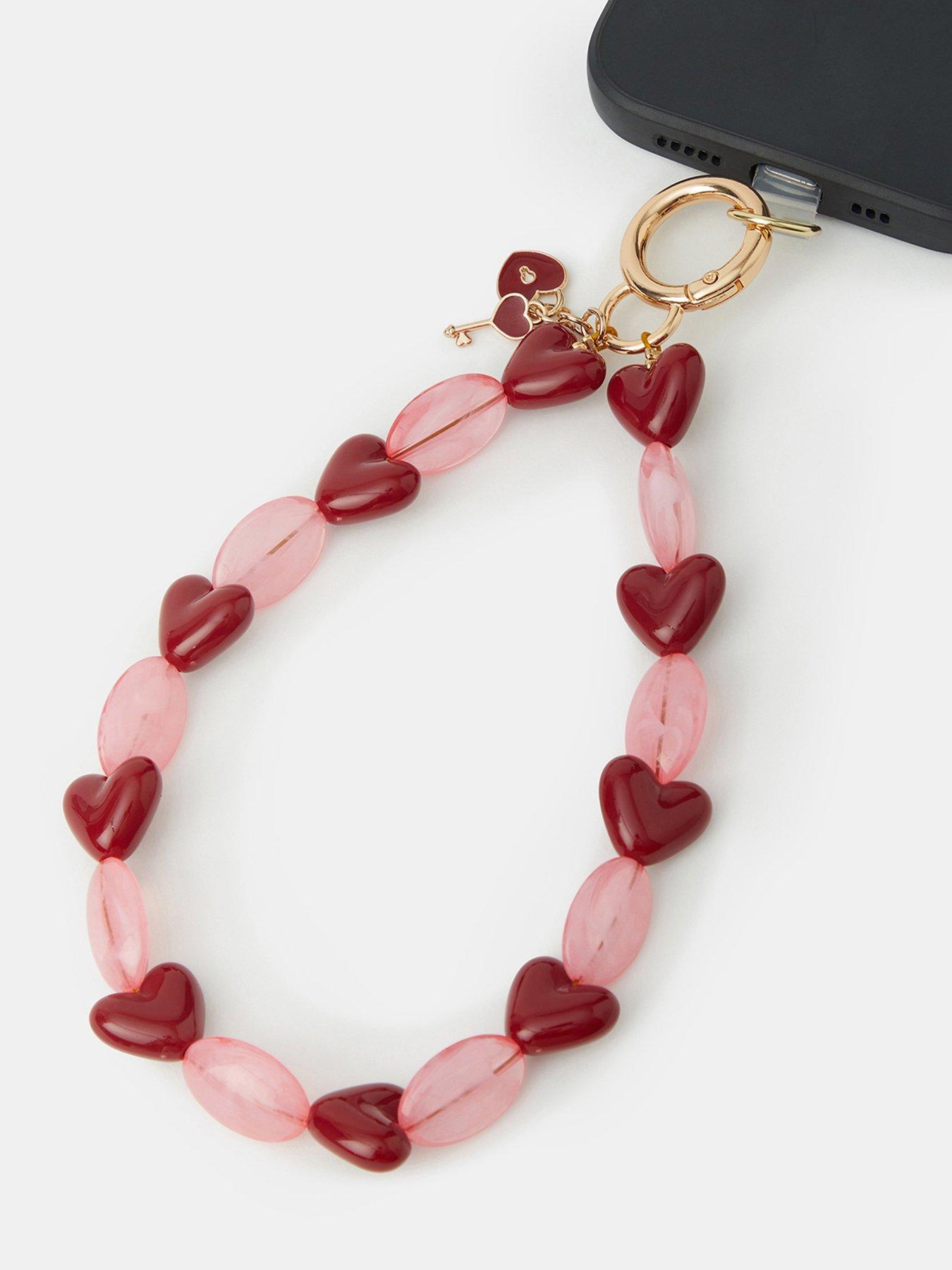 Image 2 of 2 of Accessorize Heart Bead Wrist Strap Bag Charm - Red