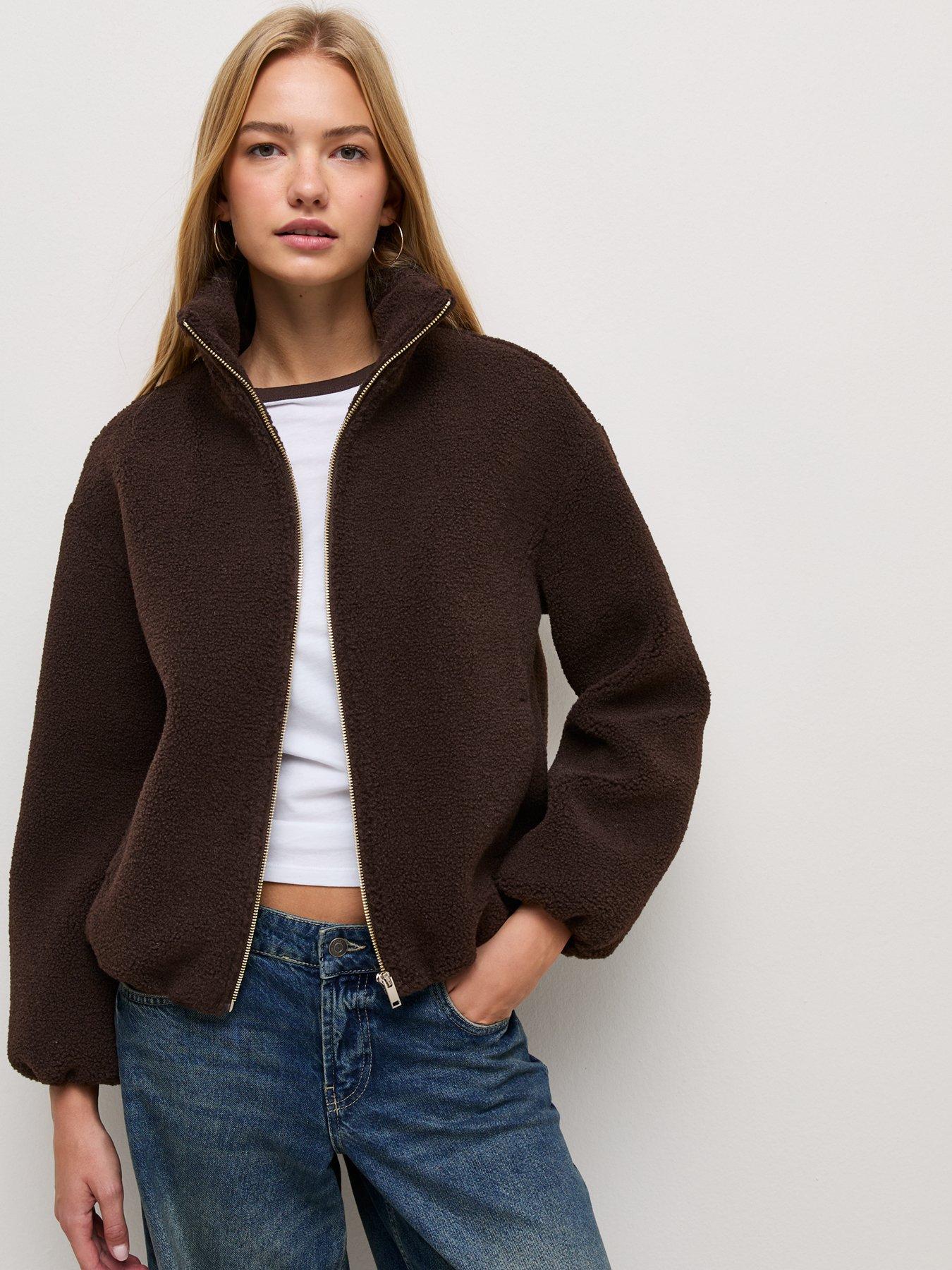 Image 1 of 5 of New Look Womens Borg Texture Zip Front Jacket - Brown