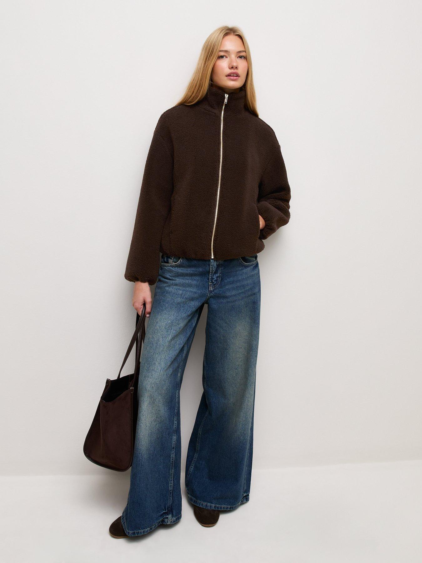 Image 3 of 5 of New Look Womens Borg Texture Zip Front Jacket - Brown