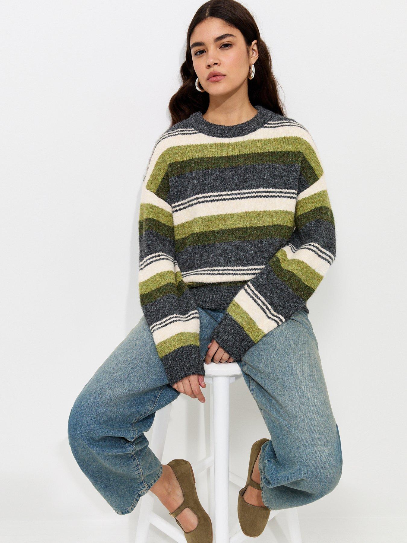 Image 1 of 5 of New Look Striped Crew Neck Knitted Jumper - Green
