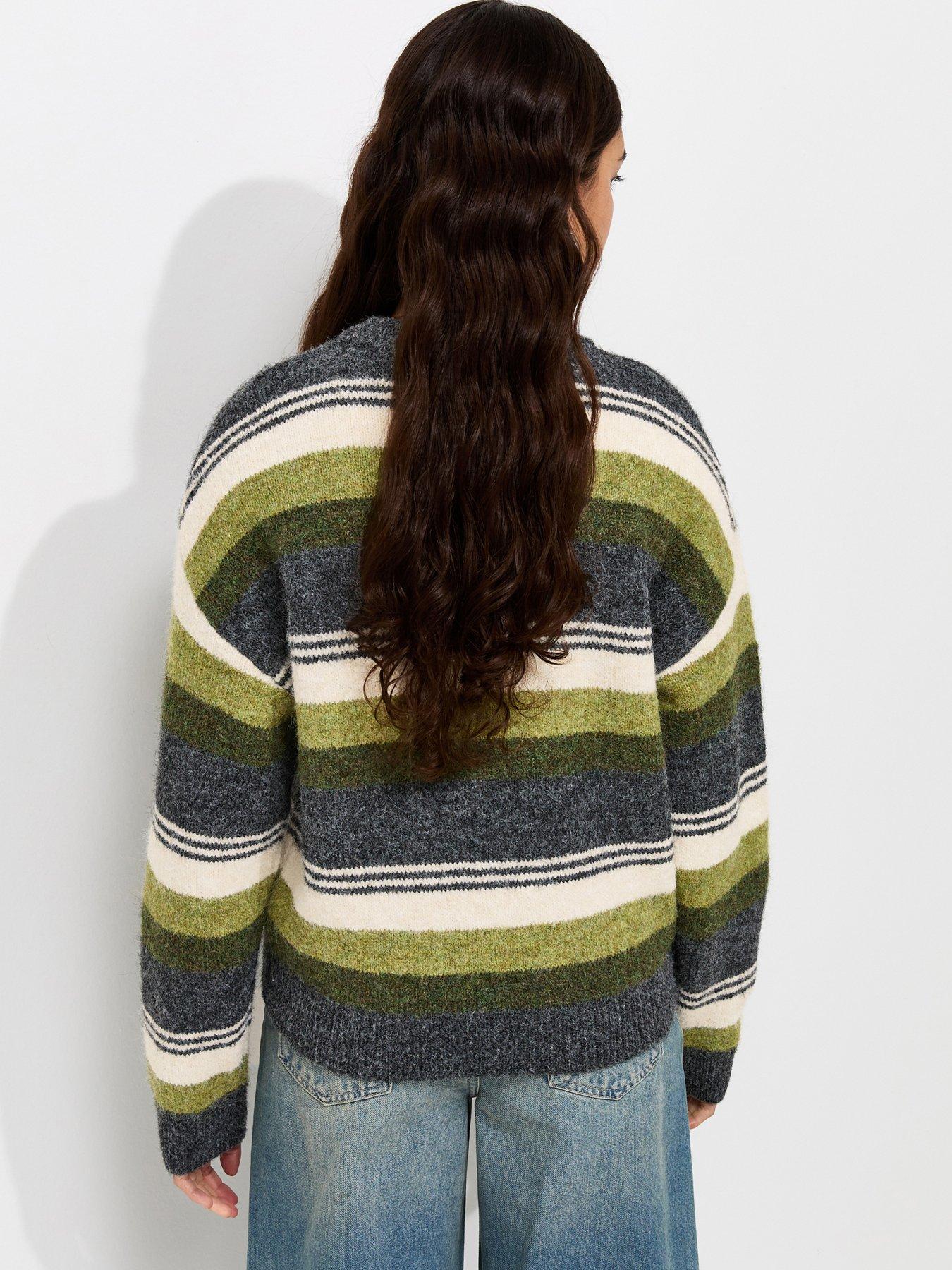 Image 2 of 5 of New Look Striped Crew Neck Knitted Jumper - Green