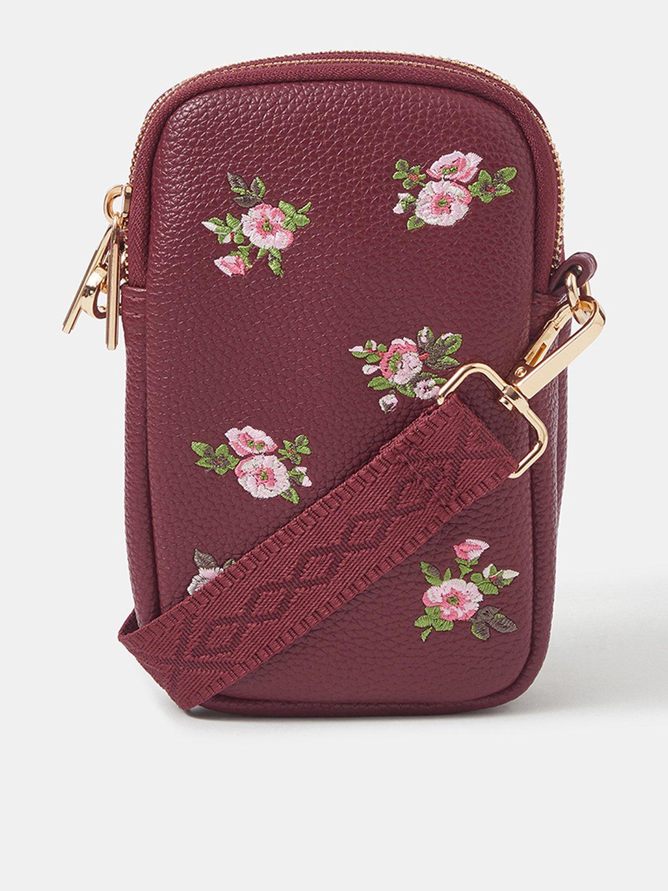 Image 1 of 4 of Accessorize Floral Embroidered Phone Cross Body Bag - Red