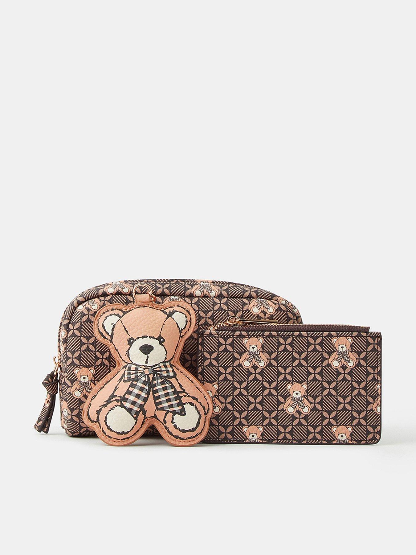 Accessorize Teddy Print Cosmetic Bag and Purse Gift Set - Brown