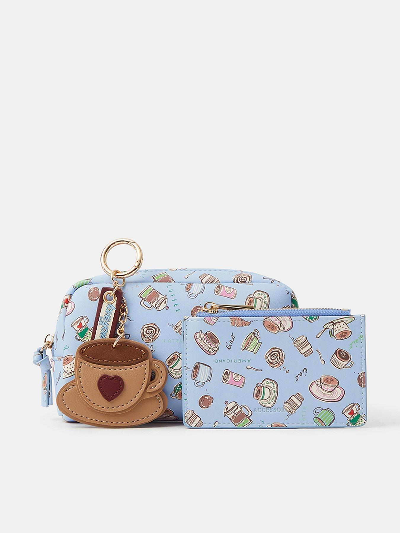 Accessorize Coffee Print Cosmetic Bag and Purse Gift Set - Blue