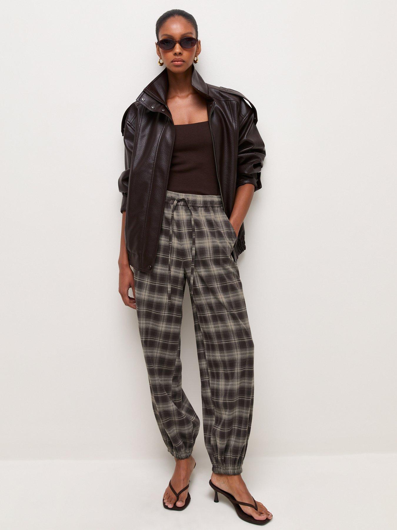 Image 1 of 5 of New Look Womens Checked Drawstring Tapered Trousers - Brown