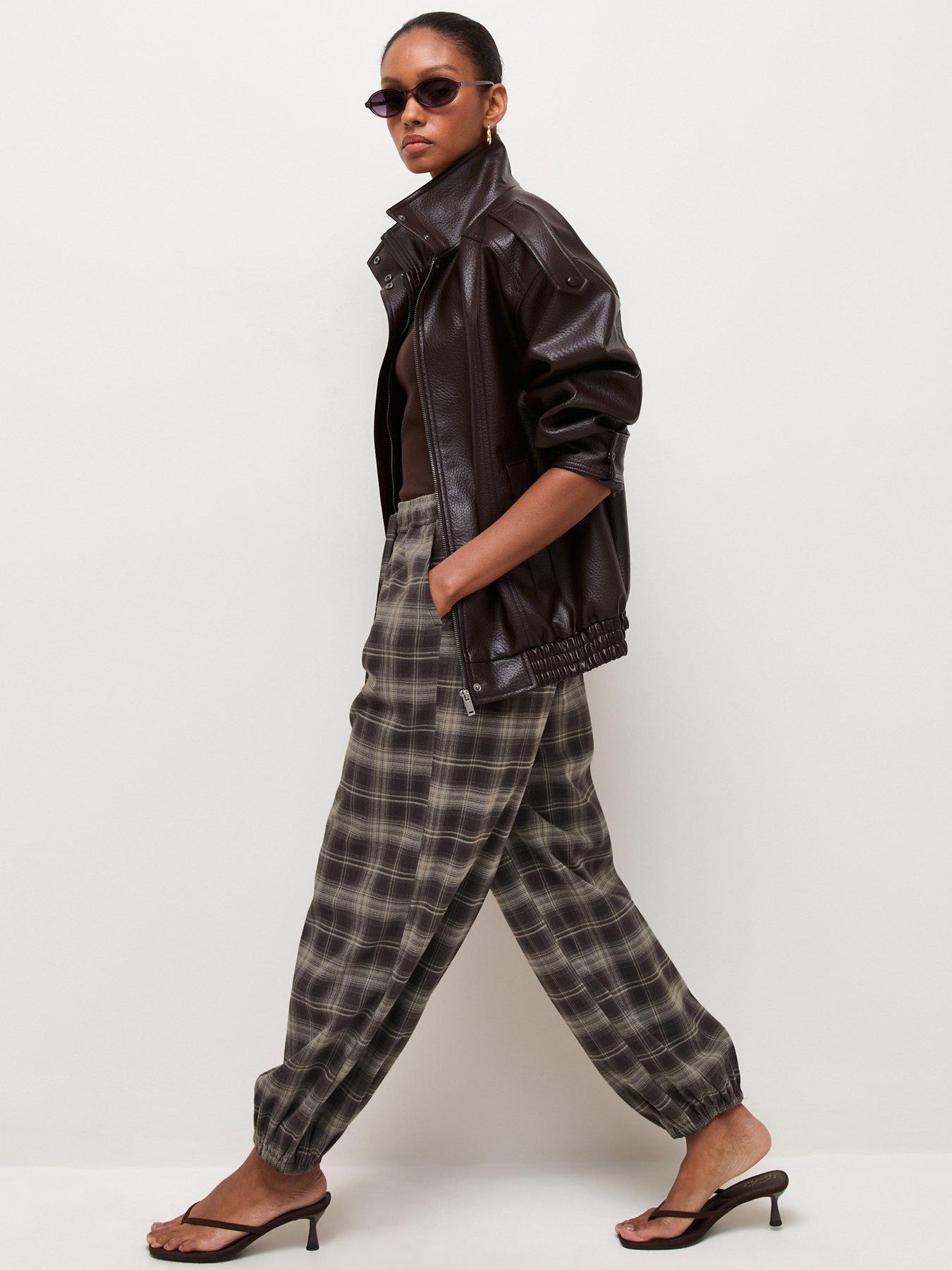 Image 3 of 5 of New Look Womens Checked Drawstring Tapered Trousers - Brown