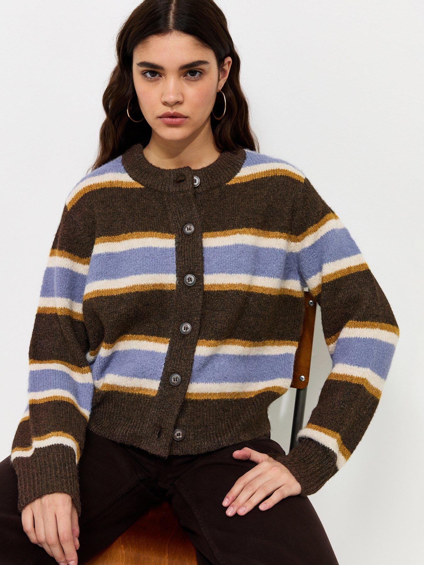 Image 1 of 6 of New Look Knitted Contrast Stripe Button Front Cardigan - Brown