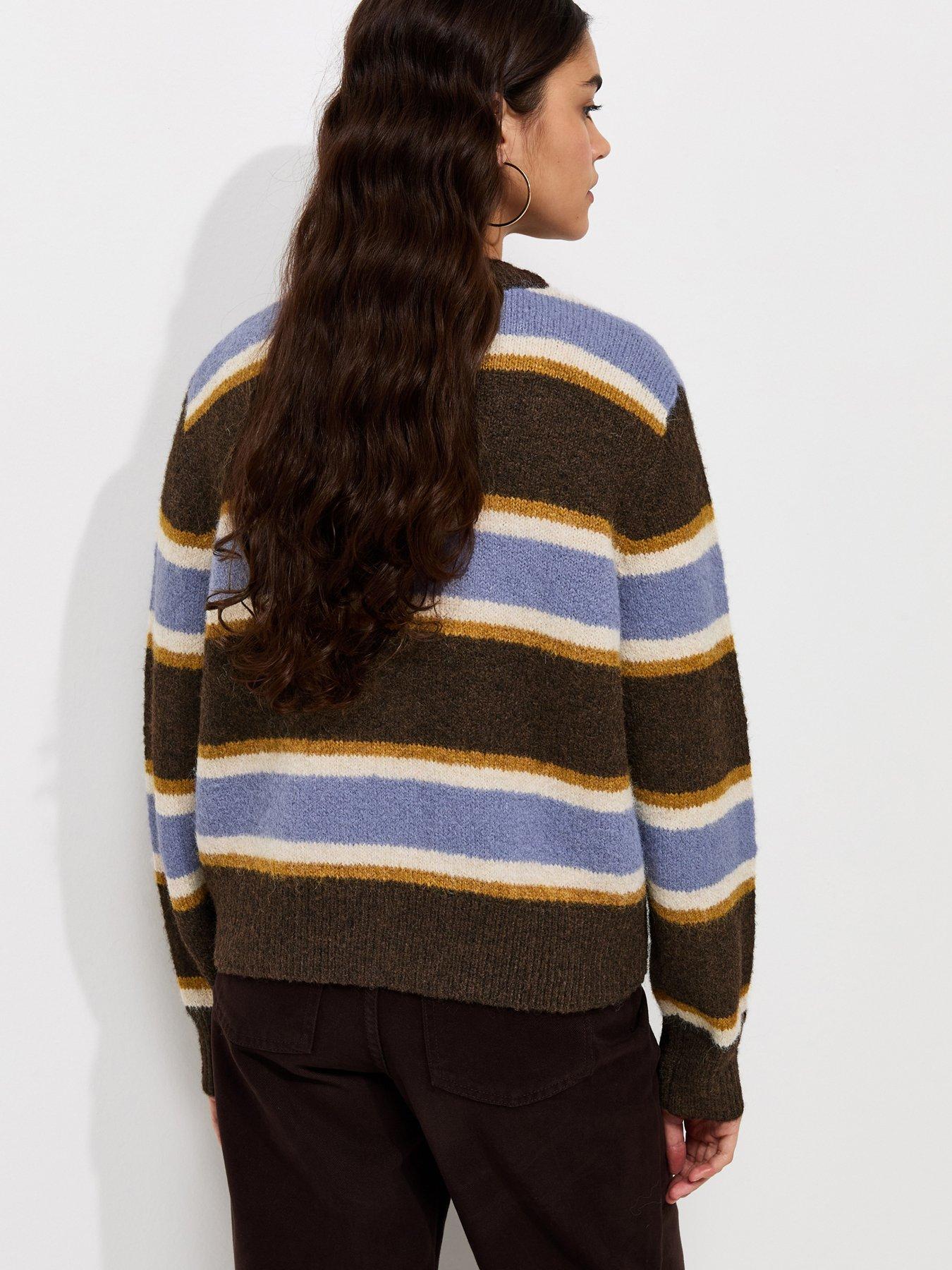 Image 2 of 6 of New Look Knitted Contrast Stripe Button Front Cardigan - Brown