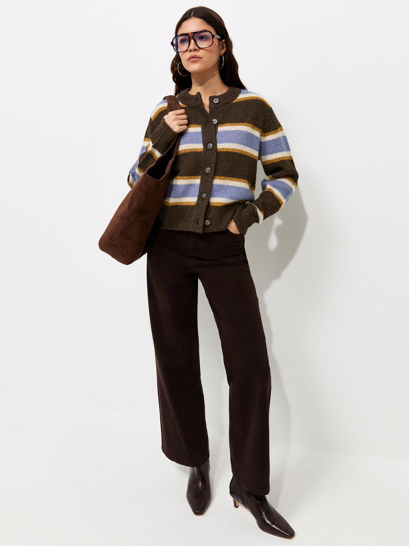 Image 3 of 6 of New Look Knitted Contrast Stripe Button Front Cardigan - Brown