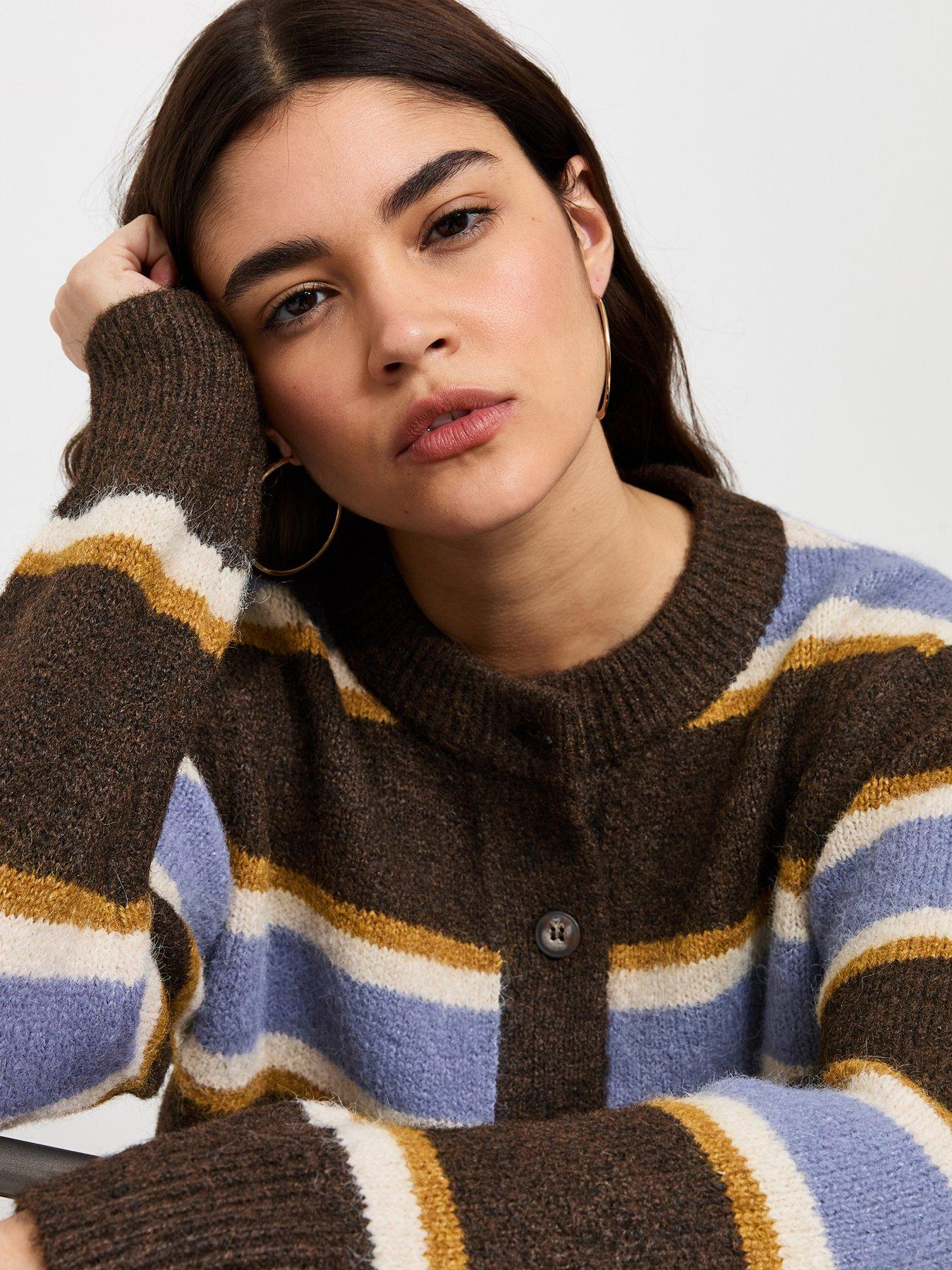 Image 4 of 6 of New Look Knitted Contrast Stripe Button Front Cardigan - Brown