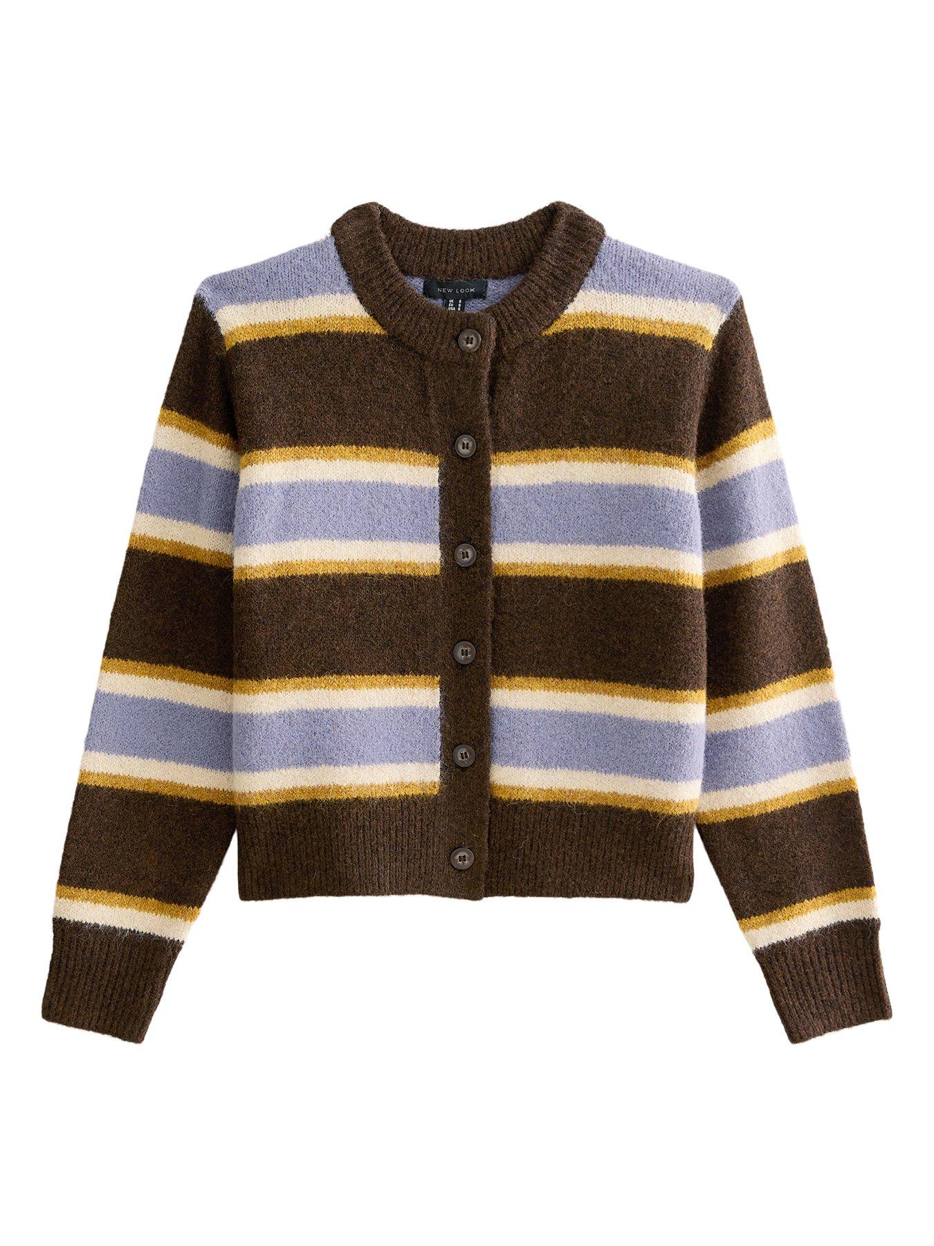 Image 5 of 6 of New Look Knitted Contrast Stripe Button Front Cardigan - Brown