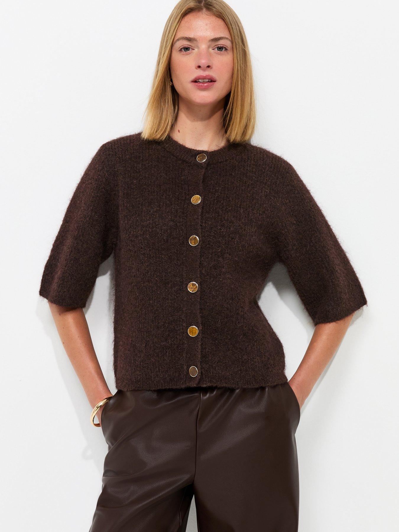Image 1 of 5 of New Look Womens Button Front Short Sleeve Cardigan - Brown