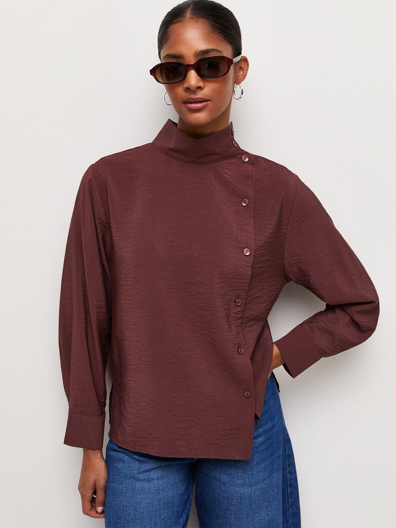 Image 1 of 6 of New Look Womens Funnel Neck Button Long Sleeve Shirt - Dark Red
