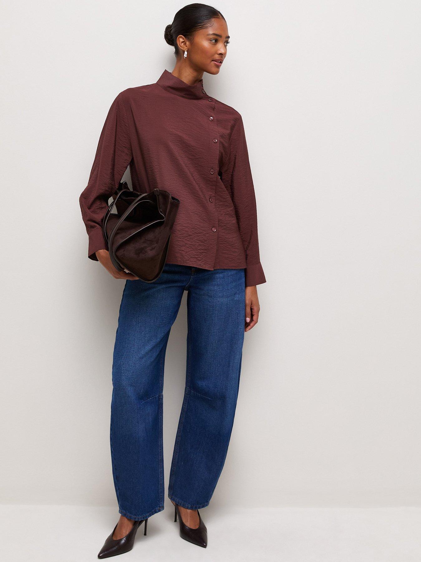 Image 3 of 6 of New Look Womens Funnel Neck Button Long Sleeve Shirt - Dark Red