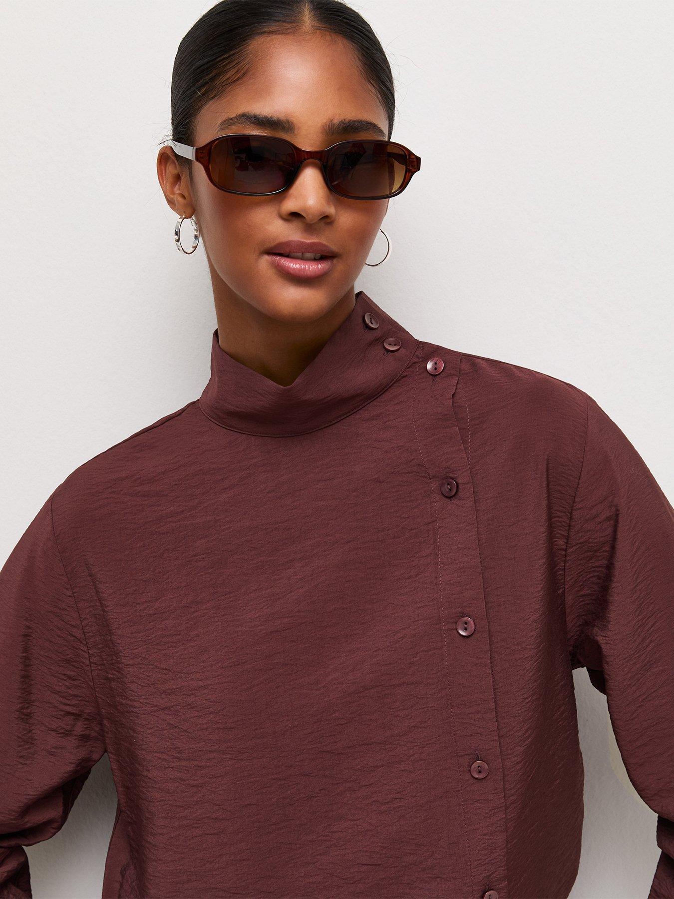 Image 4 of 6 of New Look Womens Funnel Neck Button Long Sleeve Shirt - Dark Red
