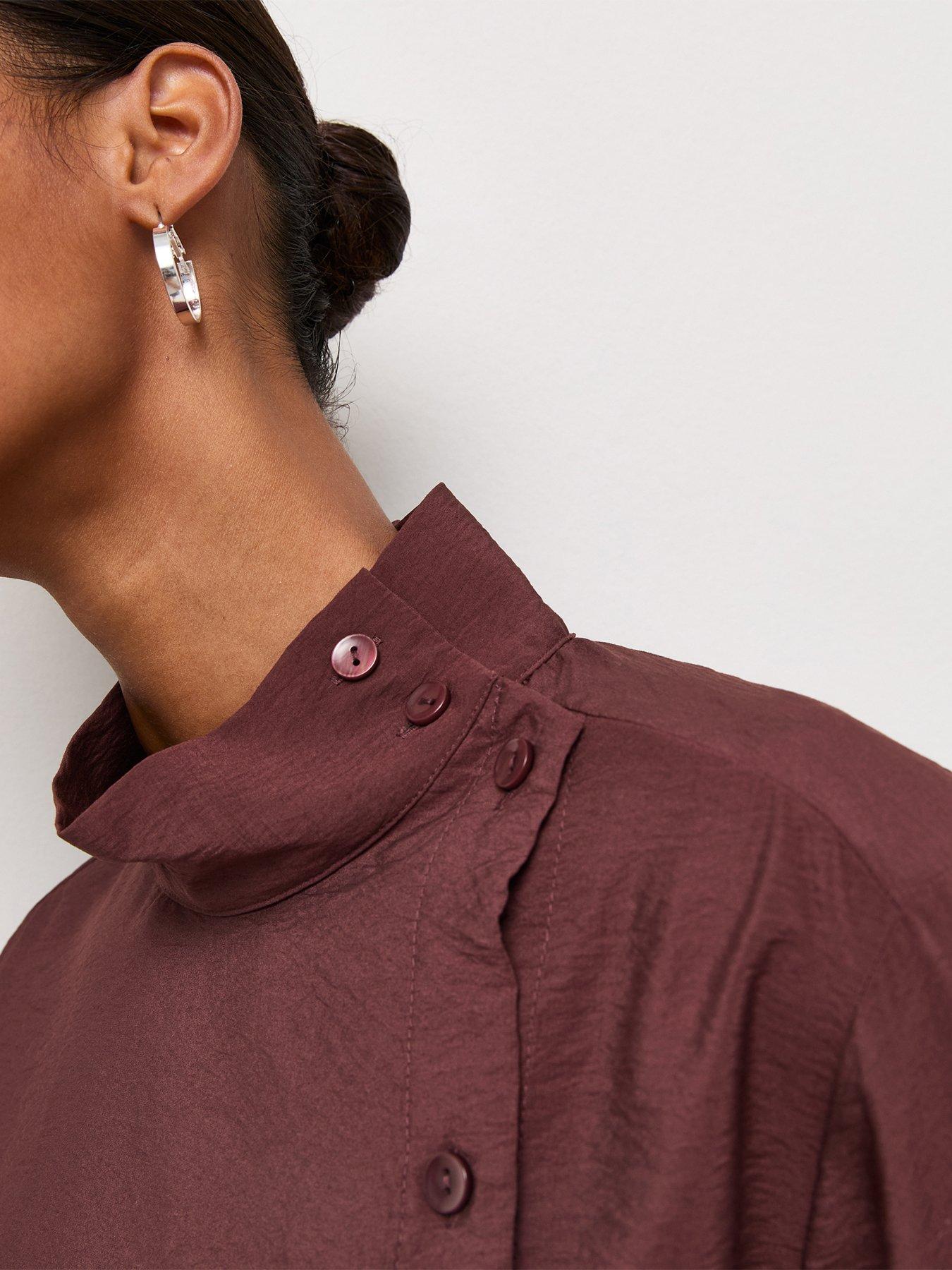 Image 5 of 6 of New Look Womens Funnel Neck Button Long Sleeve Shirt - Dark Red