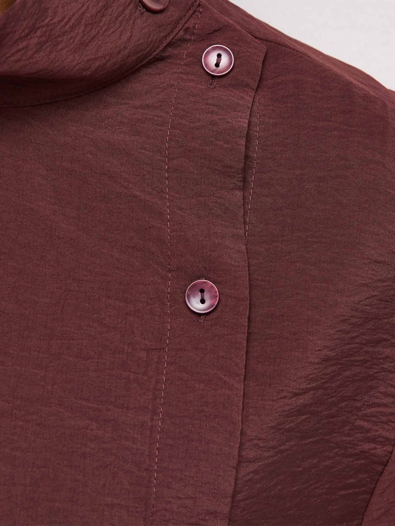 Image 6 of 6 of New Look Womens Funnel Neck Button Long Sleeve Shirt - Dark Red