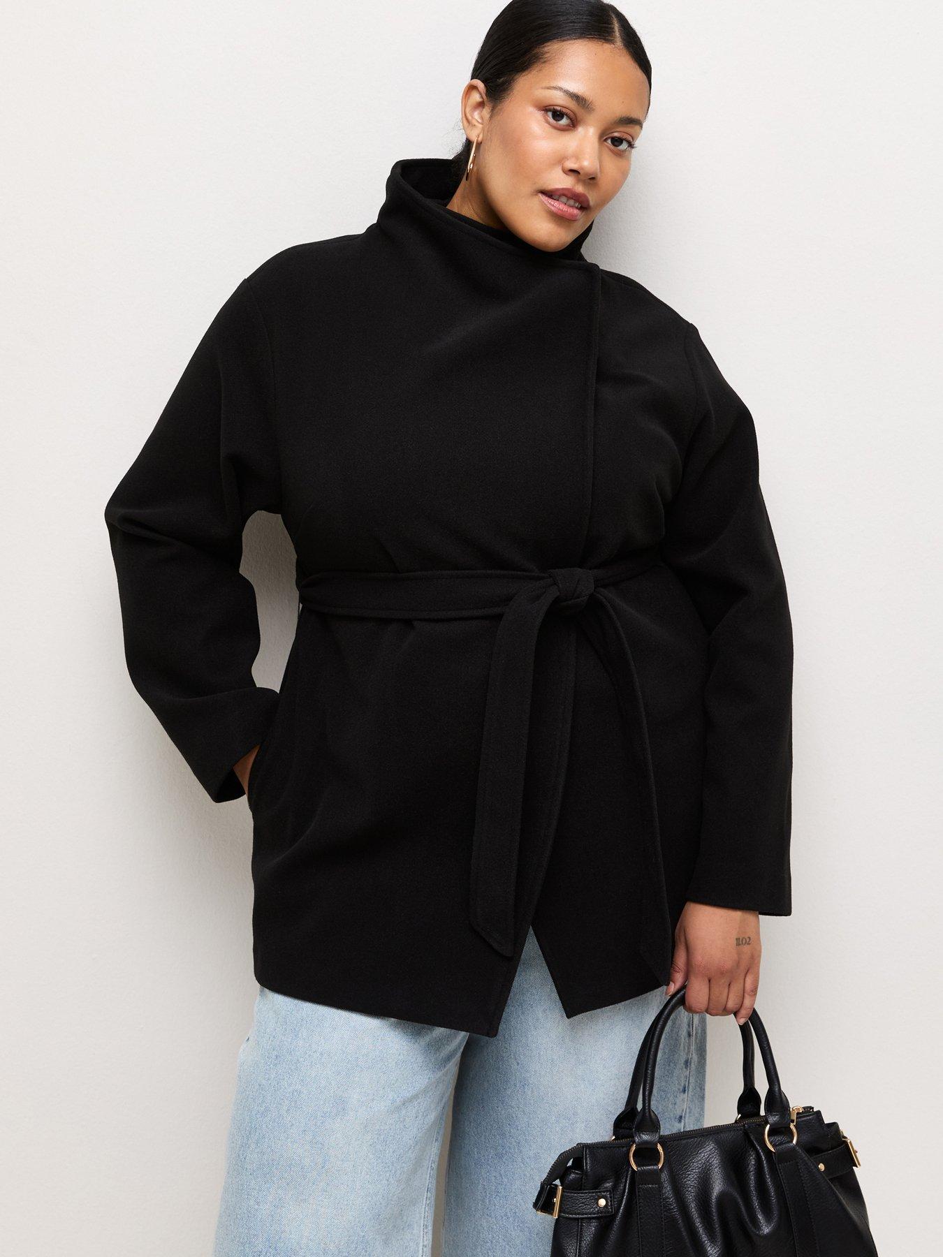 Image 1 of 6 of New Look Womens Curve Funnel Neck Belted Jacket - Black