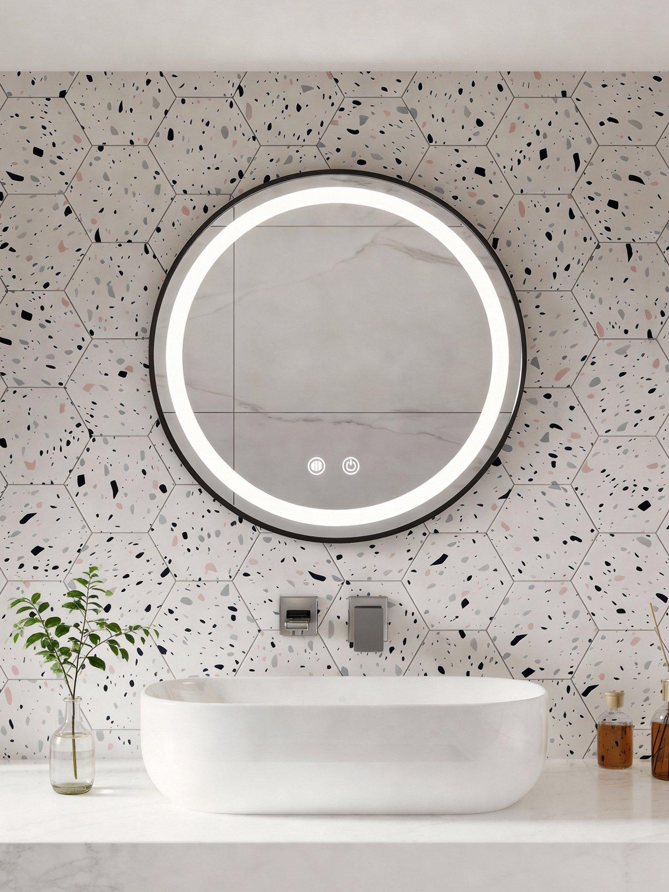 Living and Home Black Wall Mounted Round Adjustable Led Bathroom Mirror Dia 50cm