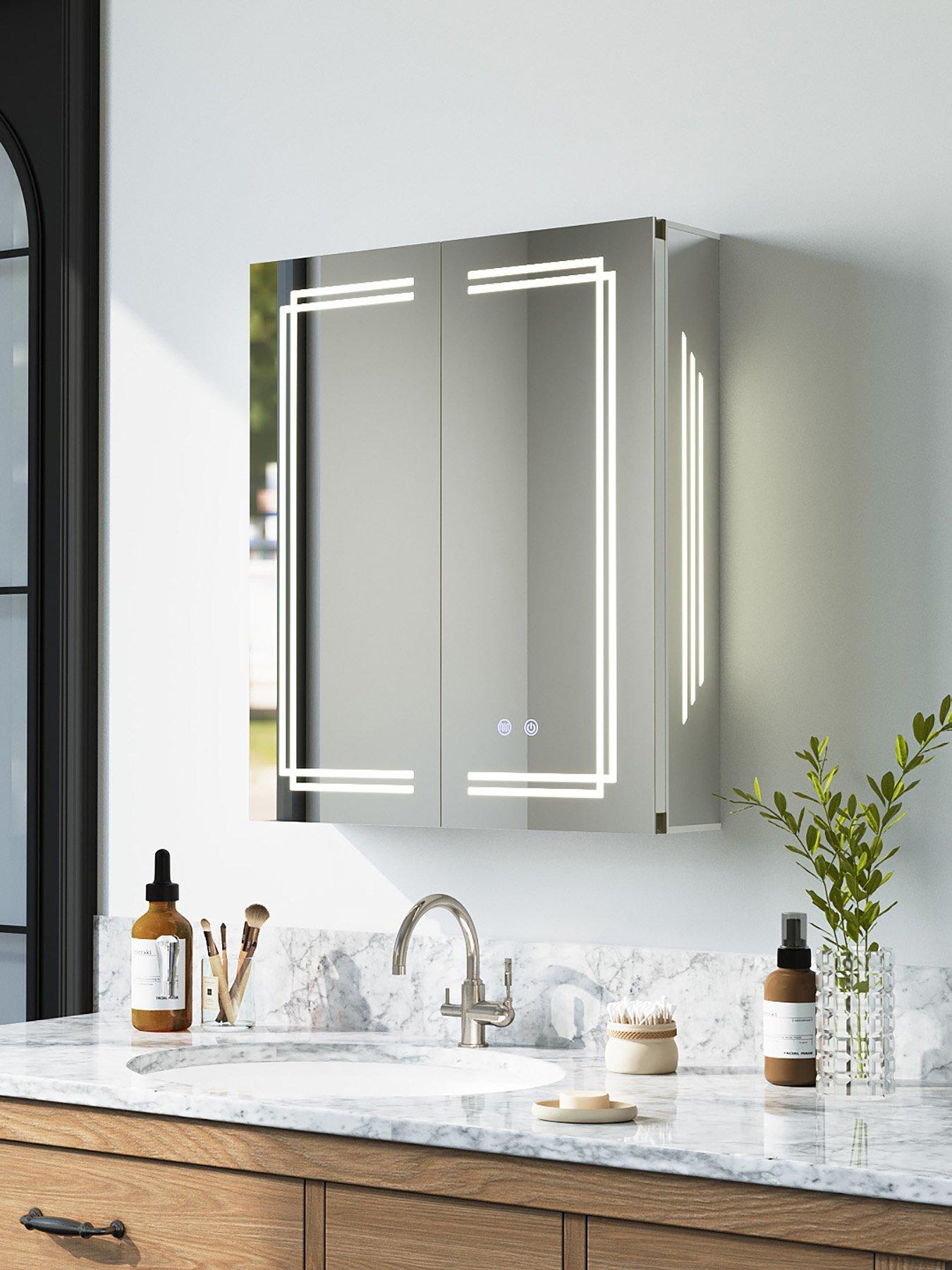 Living and Home Wall-mounted Anti-fog  Bathroom Mirror Cabinet With Led Lights And Shelves