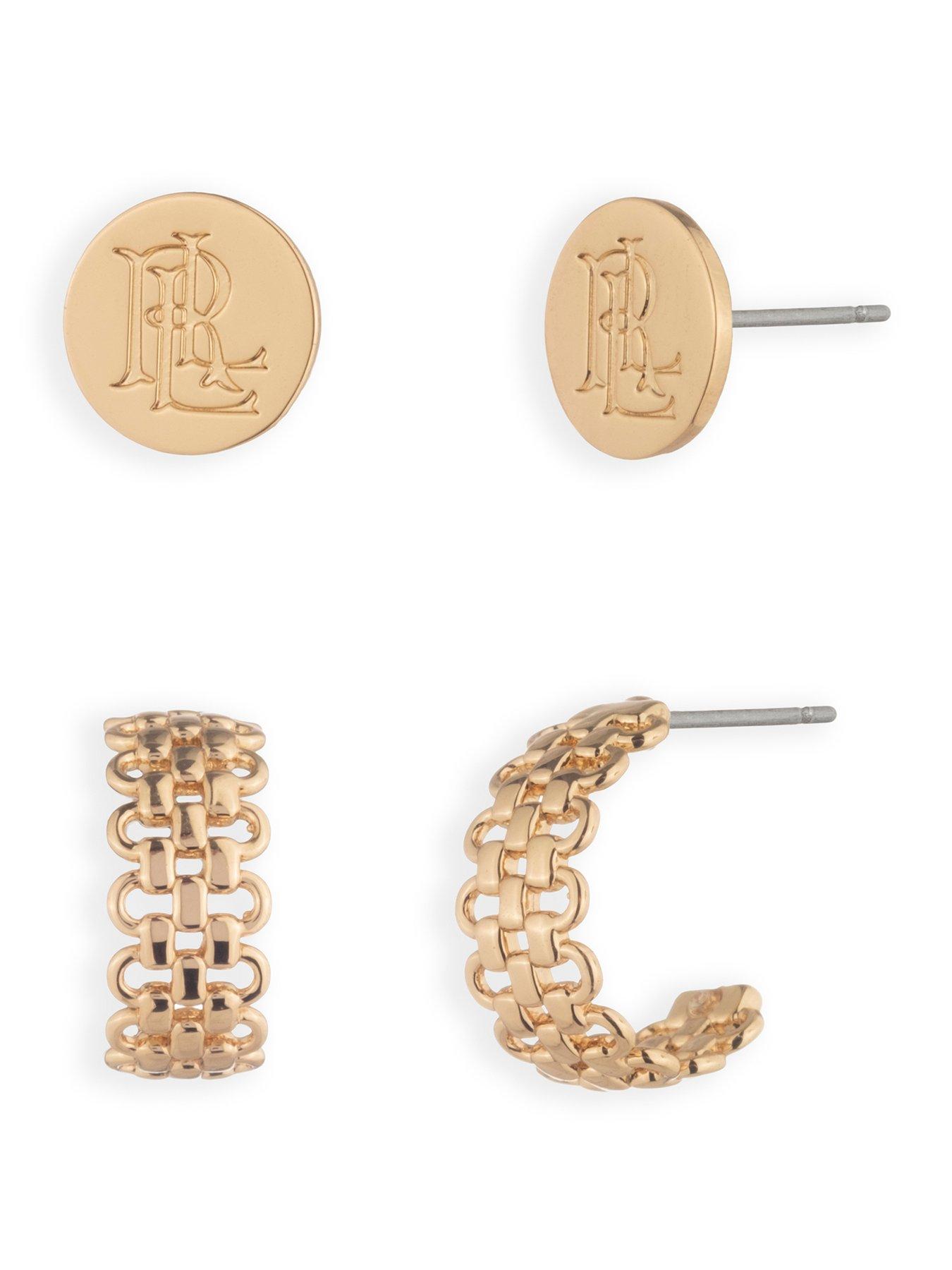 Lauren by Ralph Lauren Lauren Ralph Lauren Gold Tone Logo Stud & Chain Hoop Earrings Set
